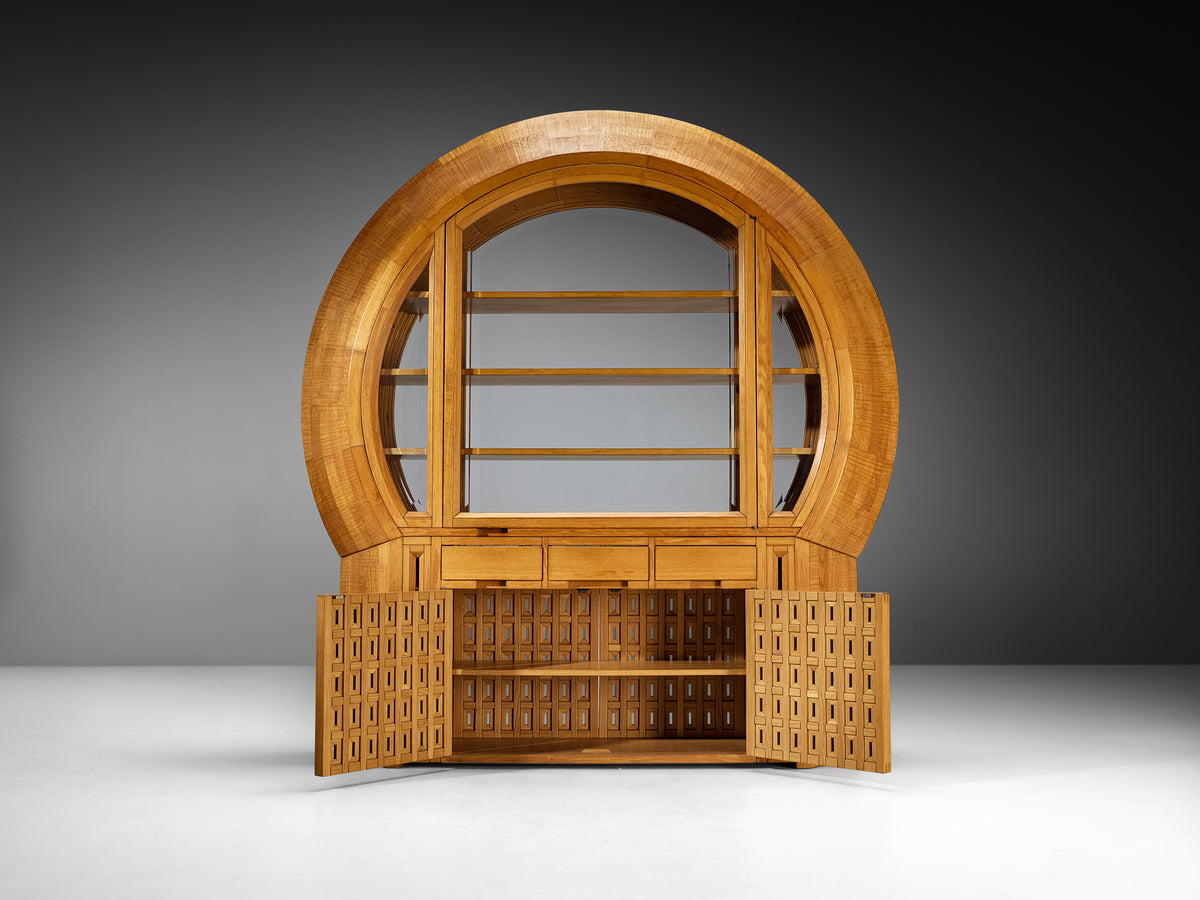 Giuseppe Rivadossi Unique Large Freestanding Round Display Cabinet in Sculpted Oak Case pieces and storage cabinets Morentz
