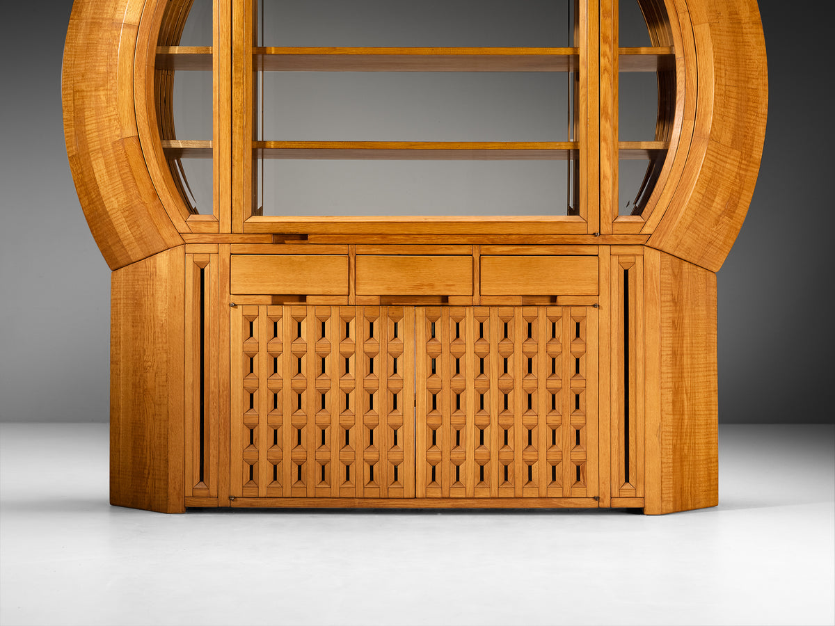 Giuseppe Rivadossi Unique Large Freestanding Round Display Cabinet in Sculpted Oak Case pieces and storage cabinets Morentz