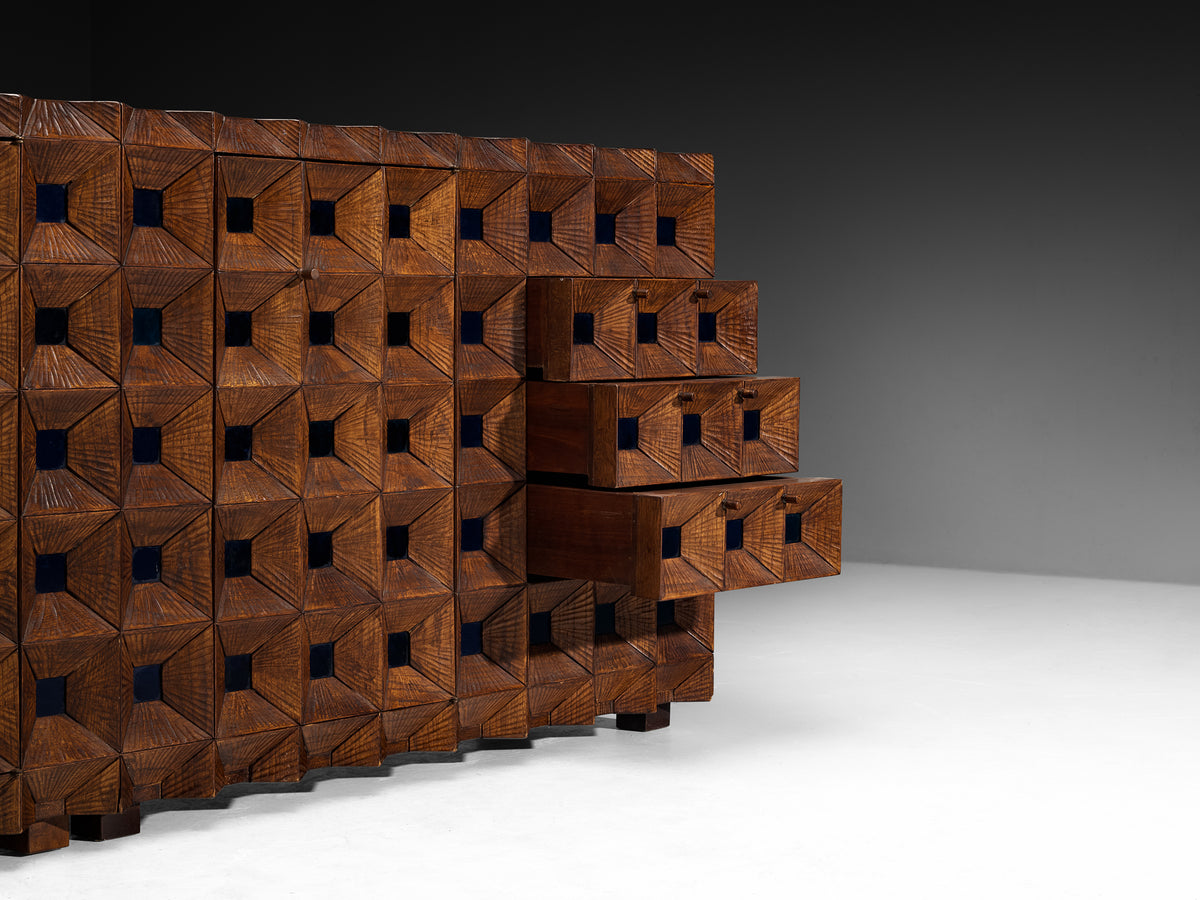 Early and Unique Giuseppe Rivadossi Sideboard in Carved Oak and Blue Glass Case pieces and storage cabinets Morentz