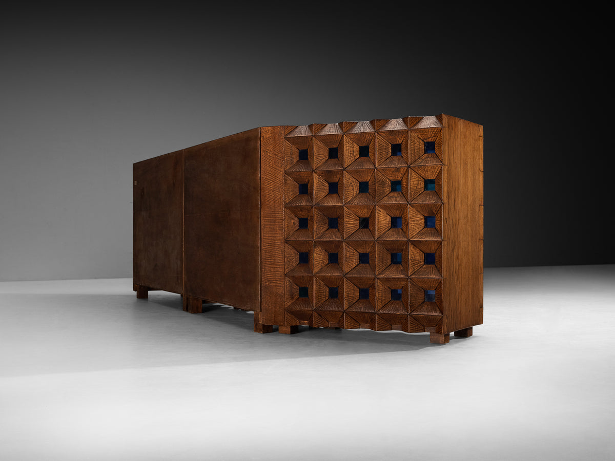 Early and Unique Giuseppe Rivadossi Sideboard in Carved Oak and Blue Glass Case pieces and storage cabinets Morentz