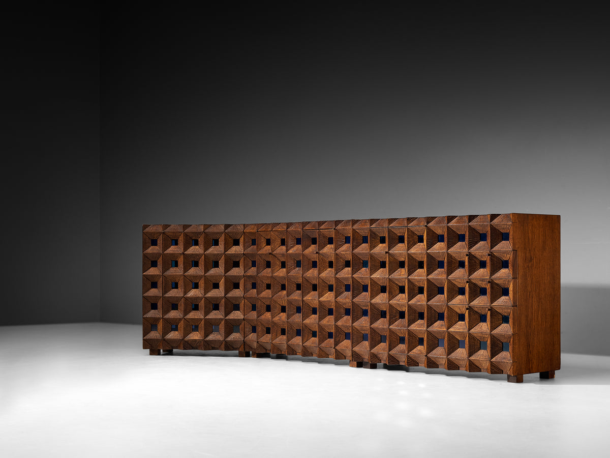 Early and Unique Giuseppe Rivadossi Sideboard in Carved Oak and Blue Glass Case pieces and storage cabinets Morentz