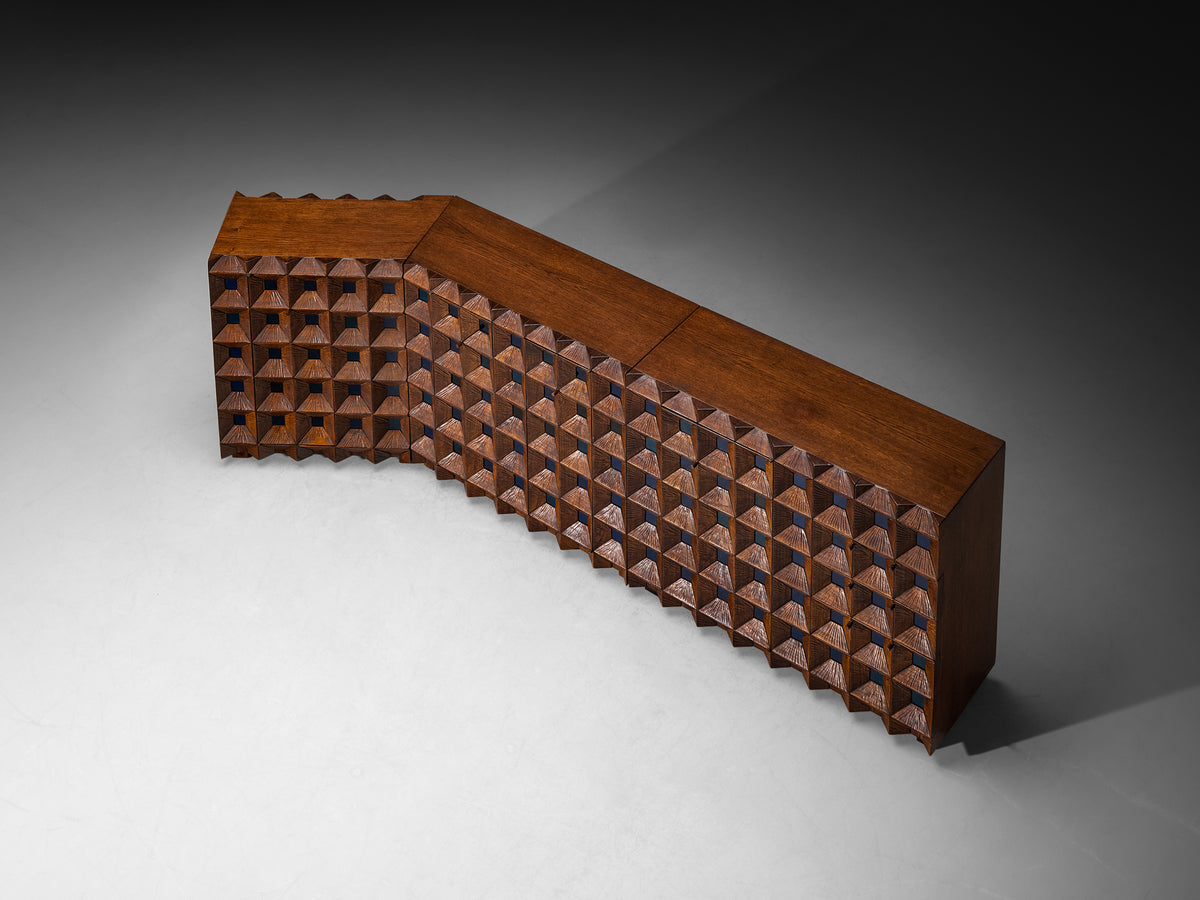 Early and Unique Giuseppe Rivadossi Sideboard in Carved Oak and Blue Glass Case pieces and storage cabinets Morentz