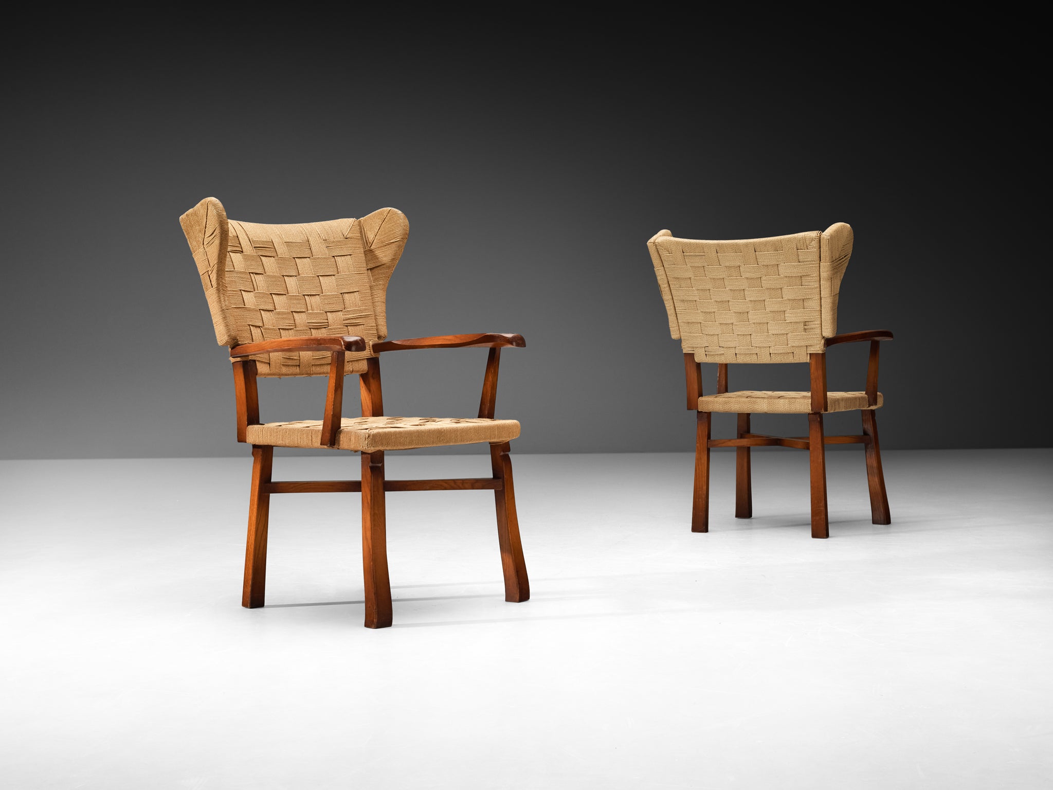 Ernesto Valabrega Set of Twelve Dining Chairs in Chestnut and Braided Cord Seating Morentz