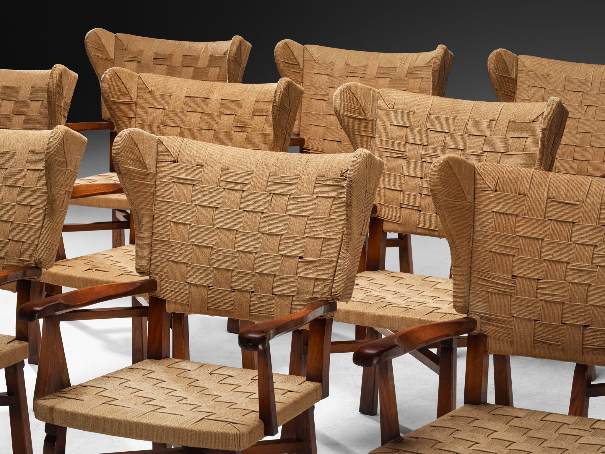 Ernesto Valabrega Set of Twelve Dining Chairs in Chestnut and Braided Cord Seating Morentz