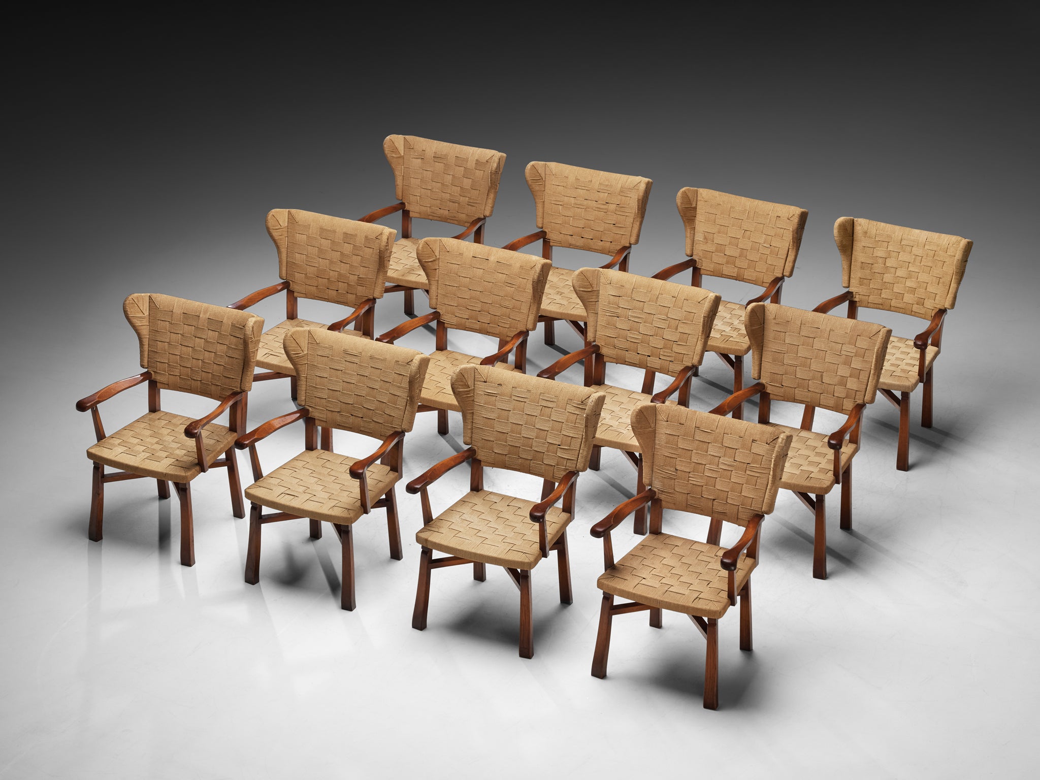 Ernesto Valabrega Set of Twelve Dining Chairs in Chestnut and Braided Cord Seating Morentz