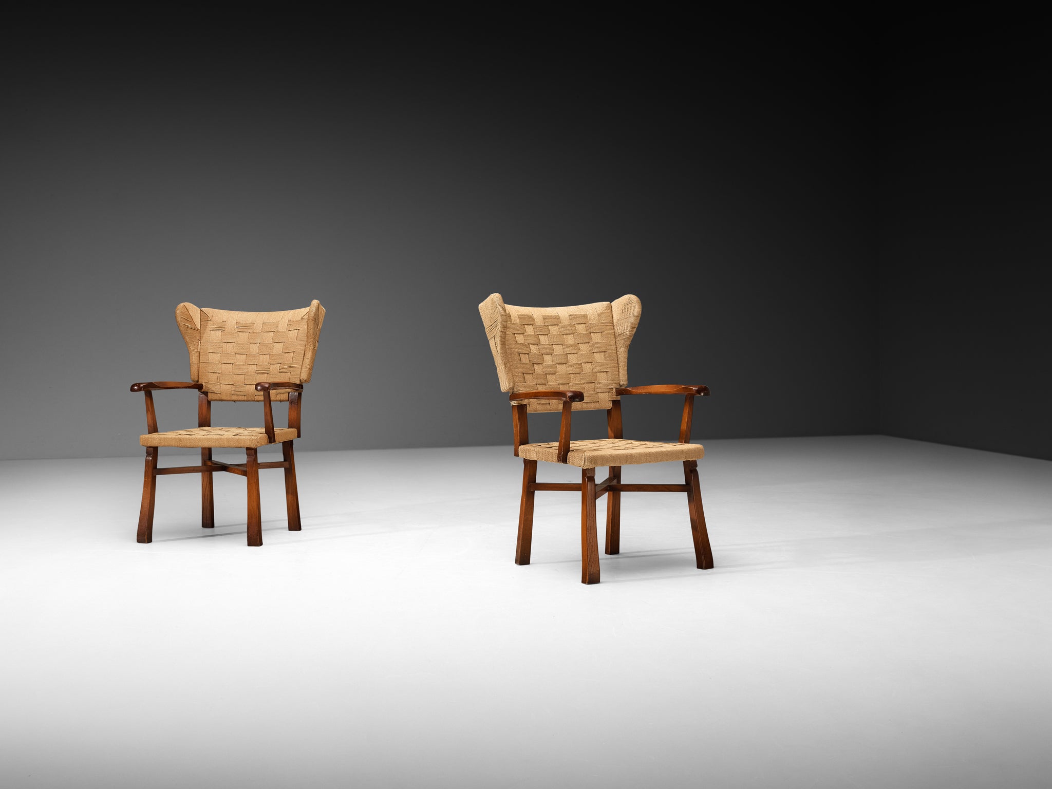 Ernesto Valabrega Set of Twelve Dining Chairs in Chestnut and Braided Cord Seating Morentz