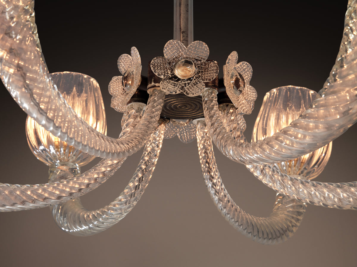 Italian Chandelier with Twisted Glass Arms and Floral Details Lighting Morentz