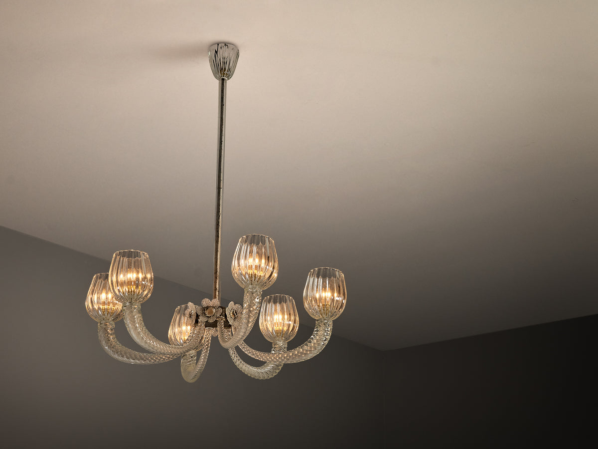 Italian Chandelier with Twisted Glass Arms and Floral Details Lighting Morentz