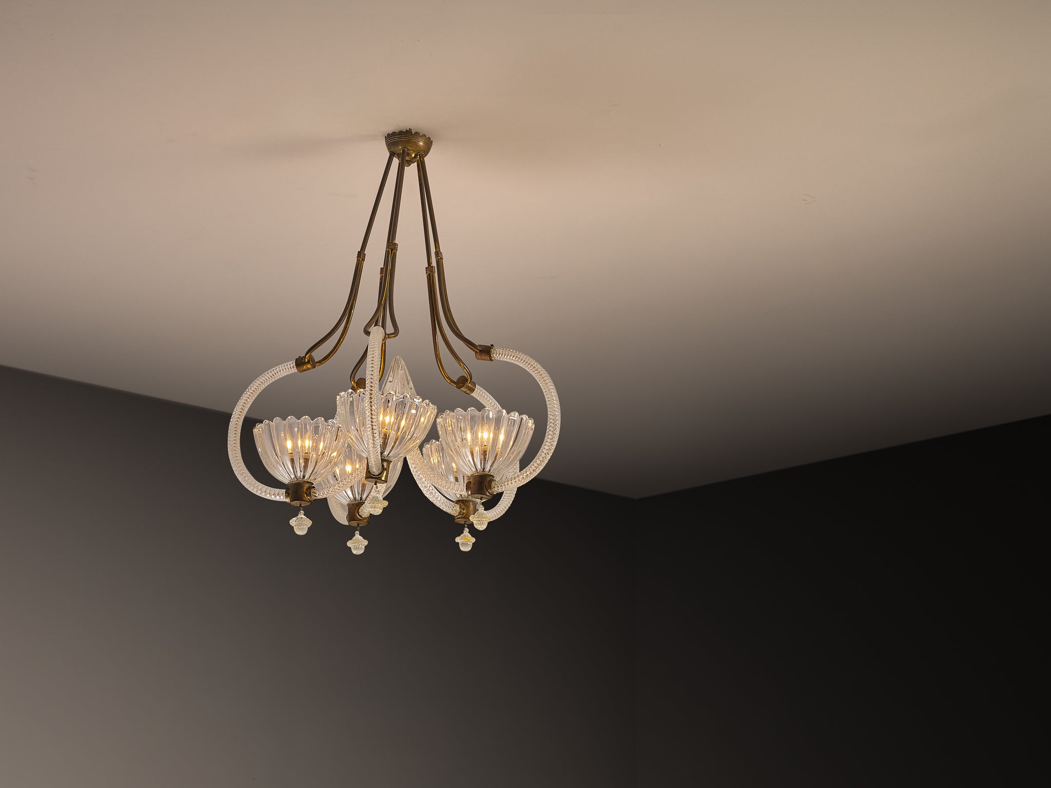 Barovier & Toso Italian Chandelier in Crystal Glass and Brass Lighting Morentz