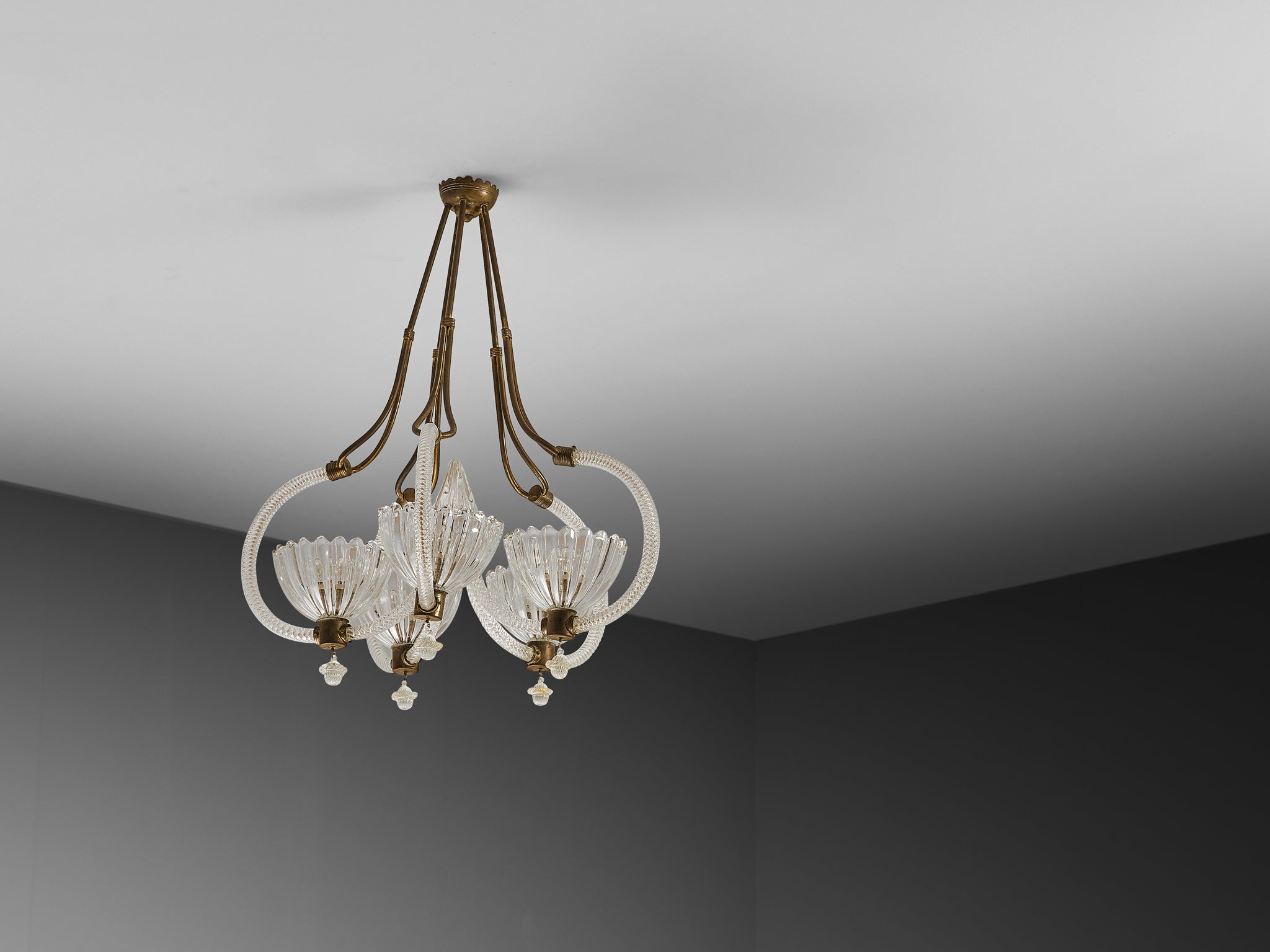 Barovier & Toso Italian Chandelier in Crystal Glass and Brass Lighting Morentz