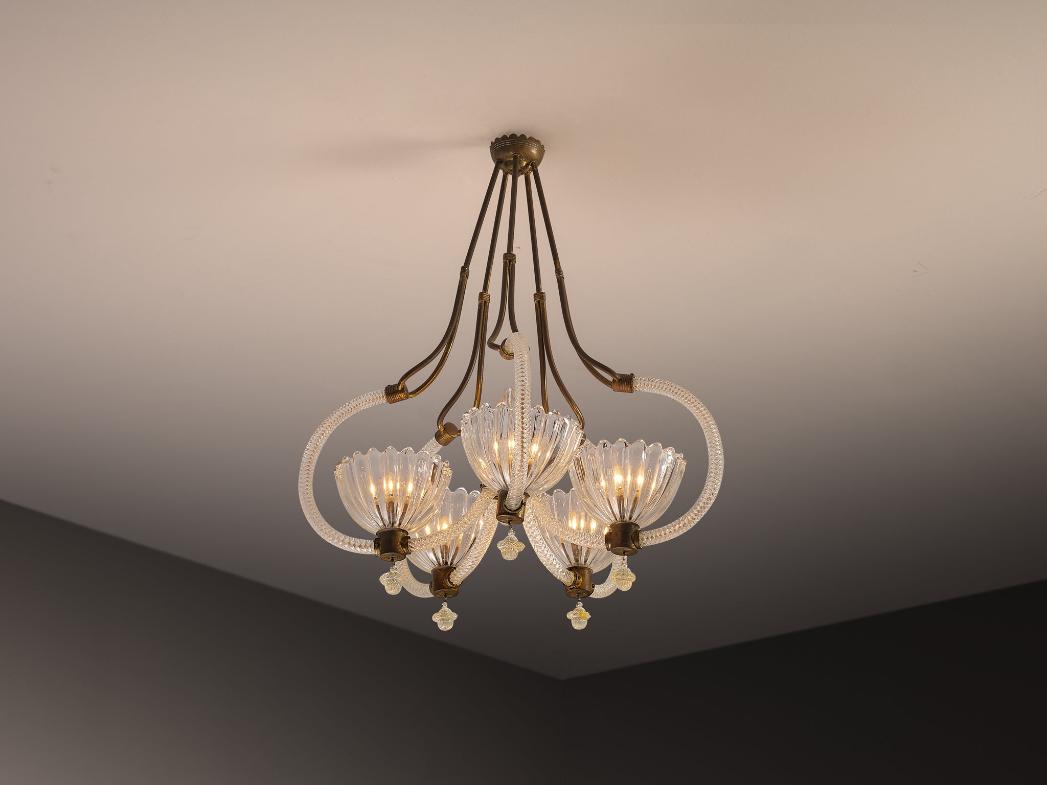 Barovier & Toso Italian Chandelier in Crystal Glass and Brass Lighting Morentz
