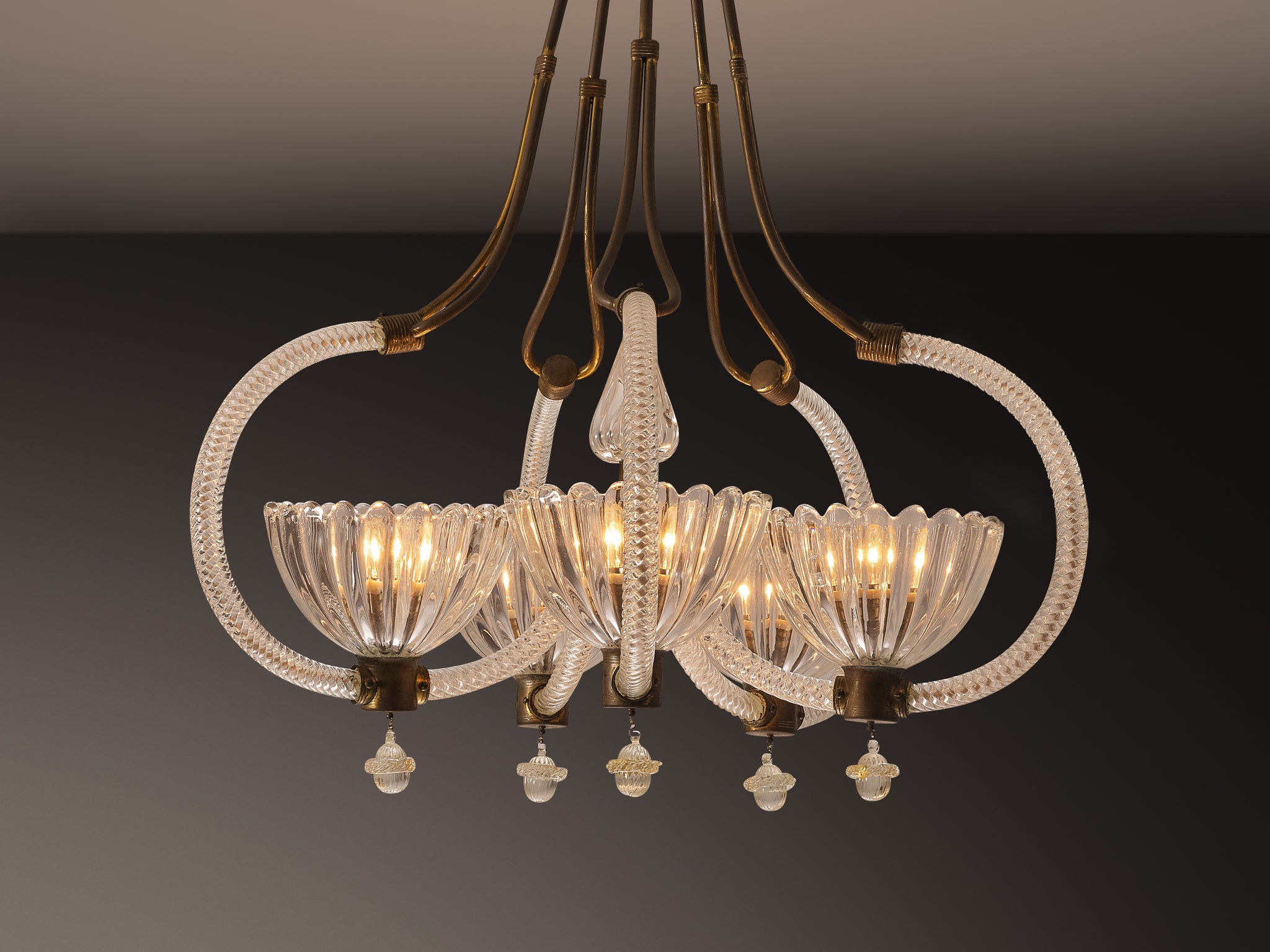 Barovier & Toso Italian Chandelier in Crystal Glass and Brass Lighting Morentz