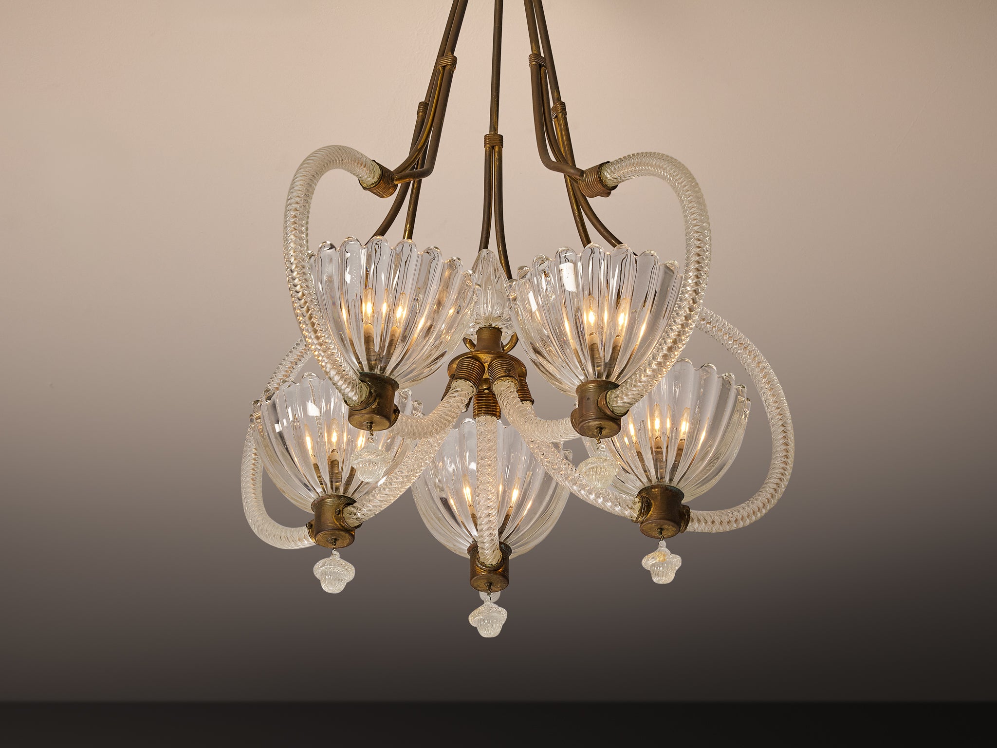 Barovier & Toso Italian Chandelier in Crystal Glass and Brass Lighting Morentz