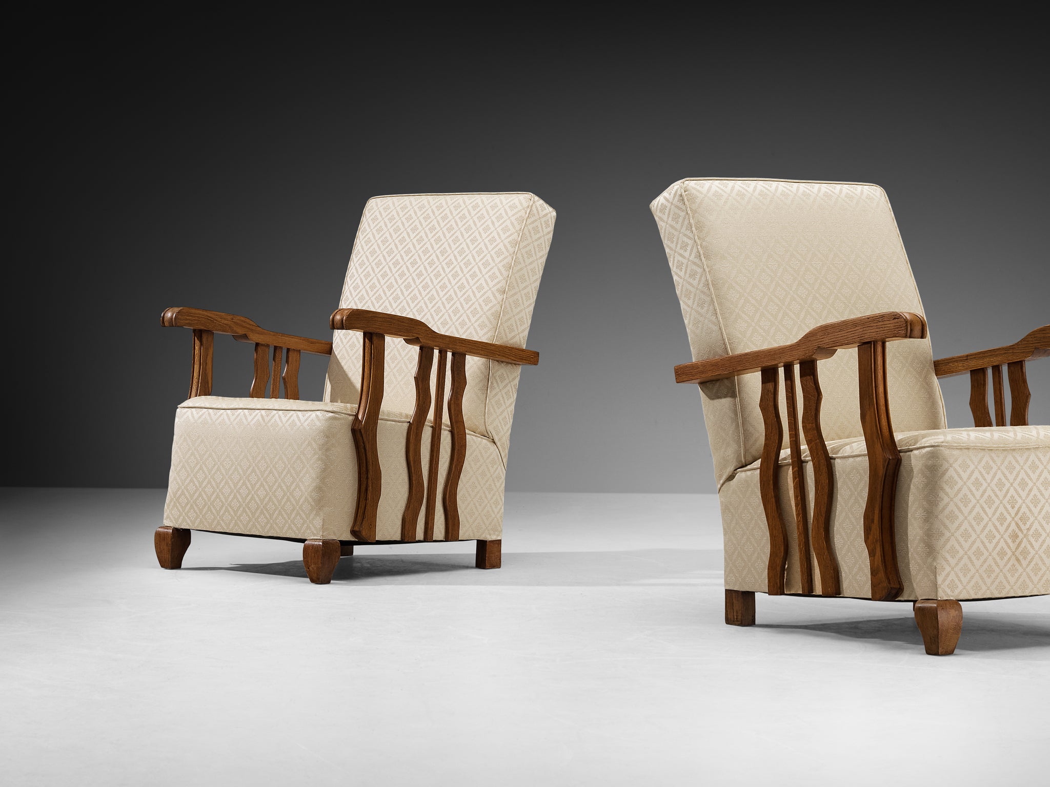Art Deco Lounge Chairs with Sculptural Oak Wood Arms