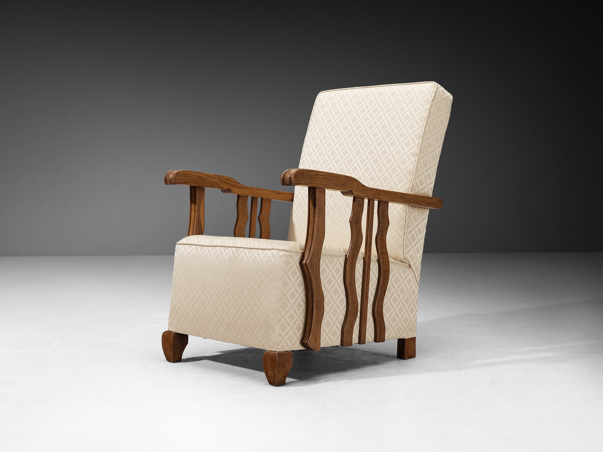 Art Deco Lounge Chairs with Sculptural Oak Wood Arms