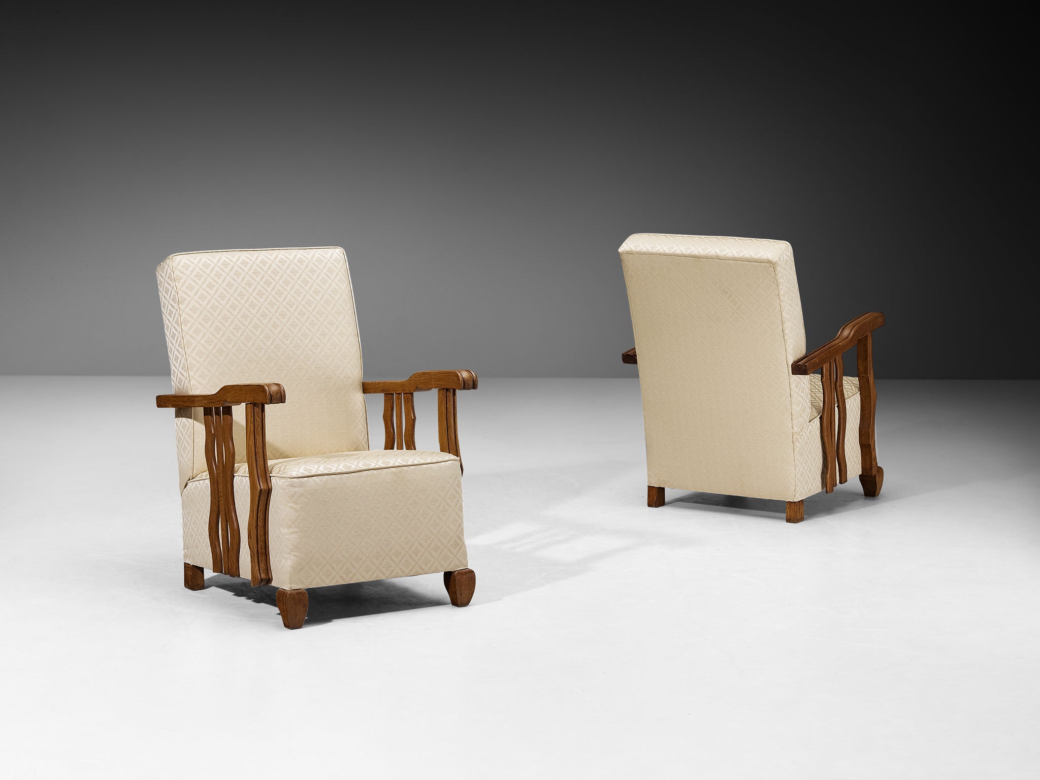Art Deco Lounge Chairs with Sculptural Oak Wood Arms
