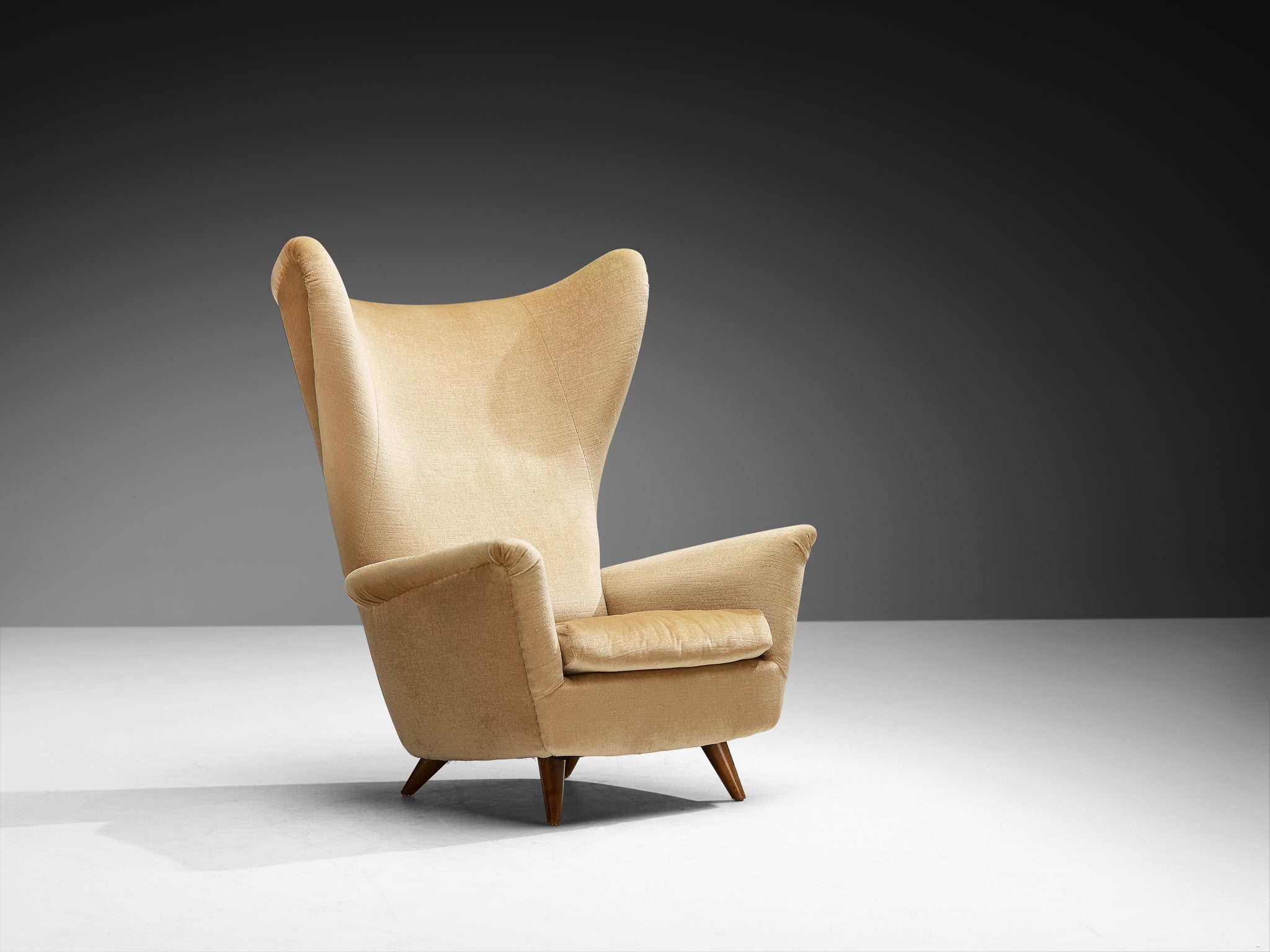 Mid-Century Modern Wingback Chair in Cherry Wood and Beige Fabric 1950s Seating Morentz