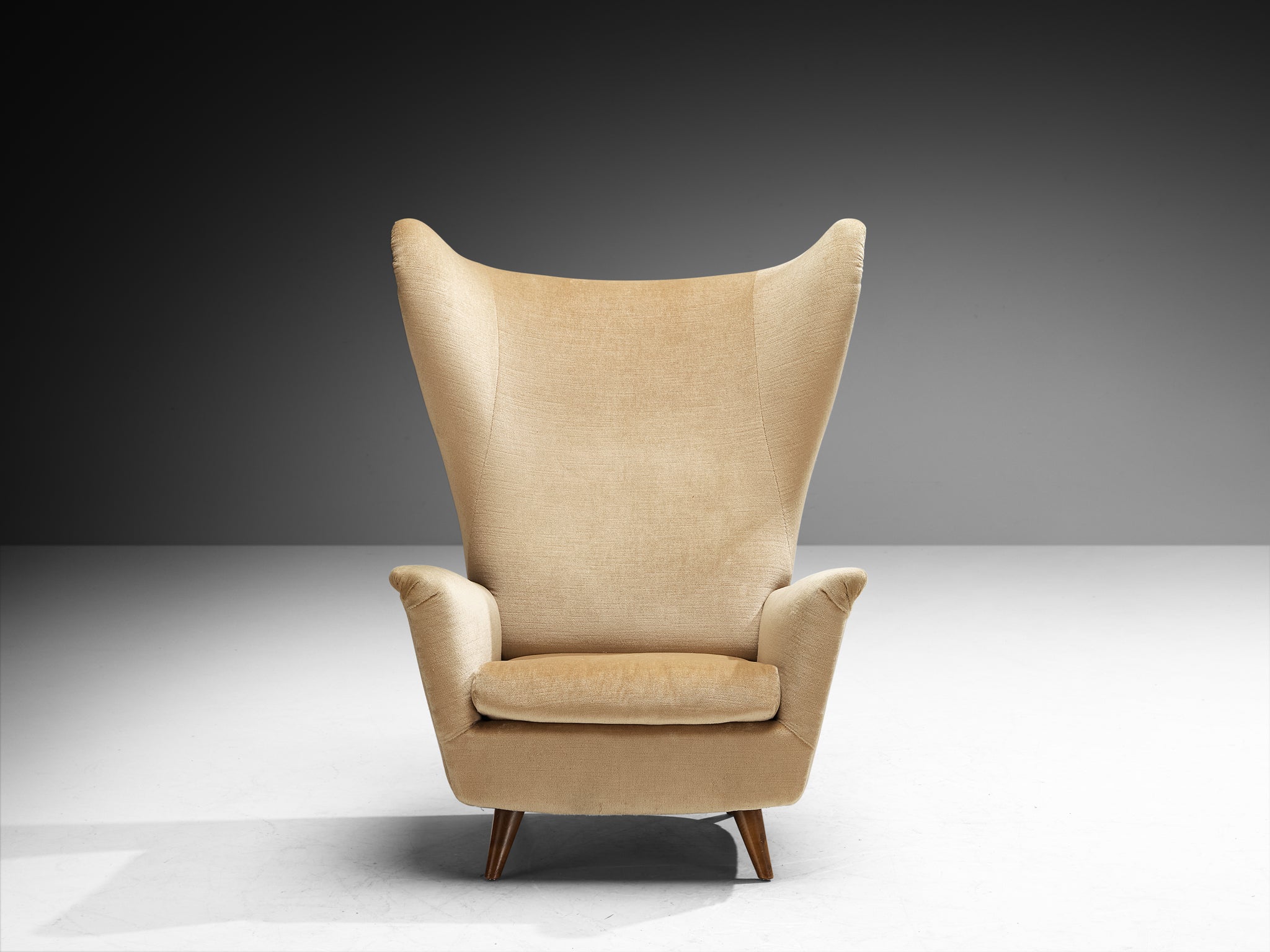 Mid-Century Modern Wingback Chair in Cherry Wood and Beige Fabric 1950s Seating Morentz