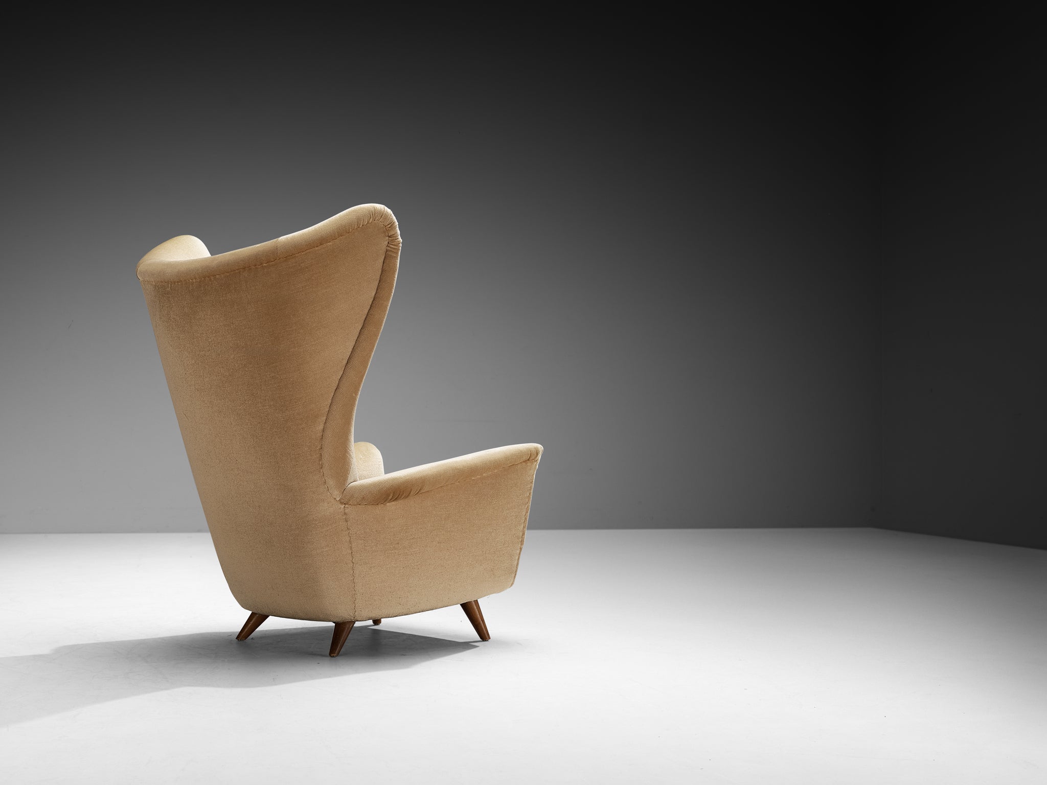 Mid-Century Modern Wingback Chair in Cherry Wood and Beige Fabric 1950s Seating Morentz