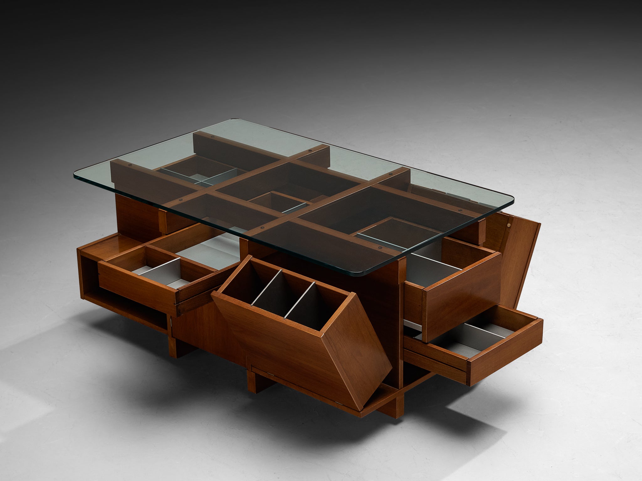 1970s Italian Assymetrical Grid Coffee Table in Walnut and Glass Tables Morentz