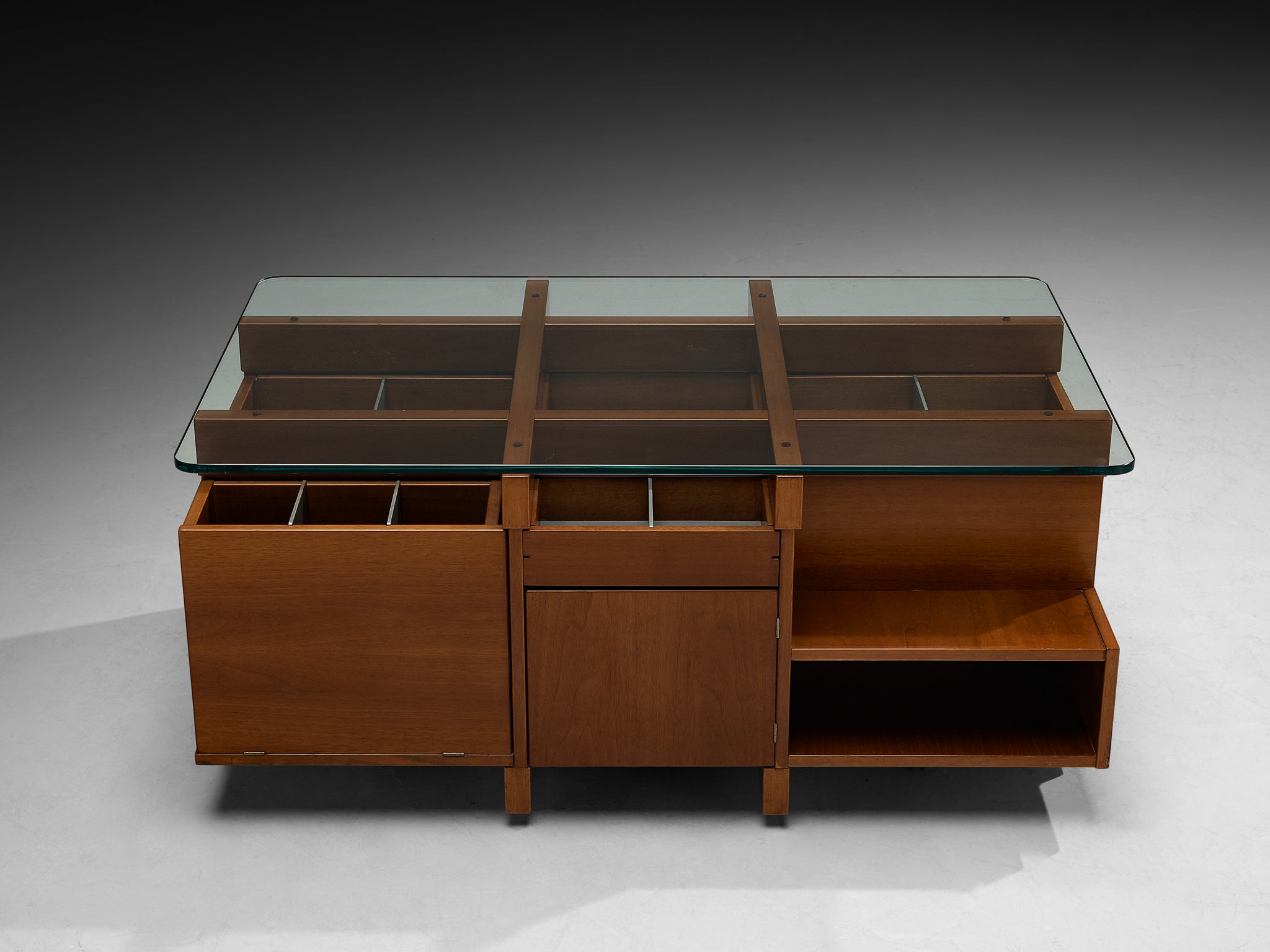 1970s Italian Assymetrical Grid Coffee Table in Walnut and Glass Tables Morentz