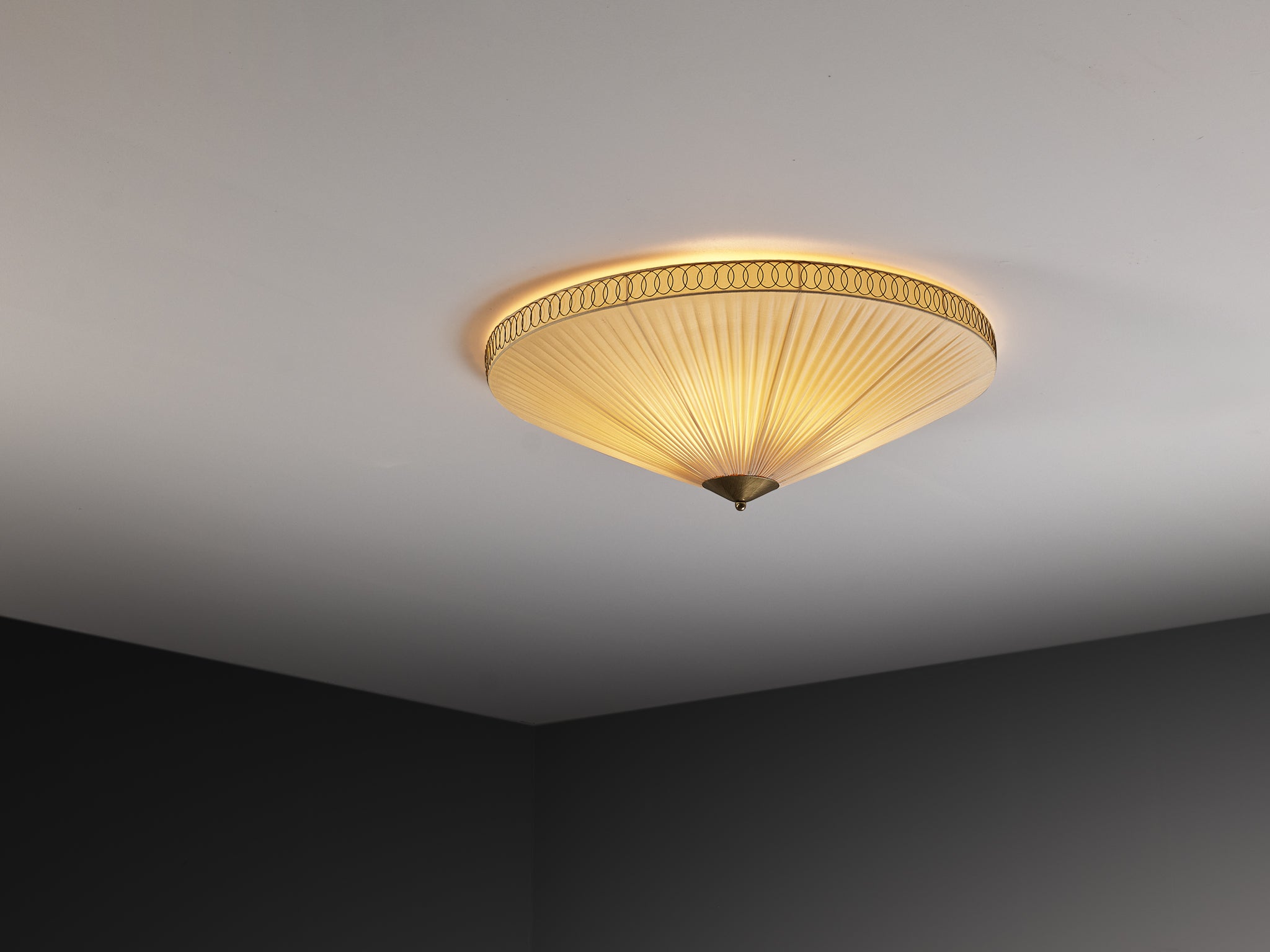 Large Paavo Tynell Flush Mount Ceiling Light in Silk and Brass Lighting Morentz