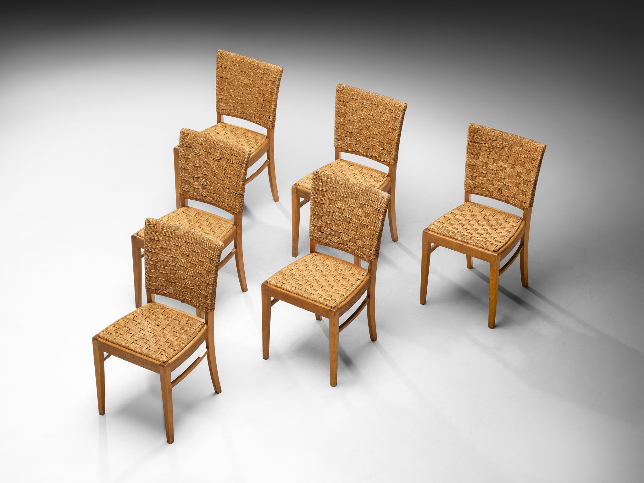 Set of Six French Rustic Dining Chairs in Woven Rush and Oak Seating Morentz