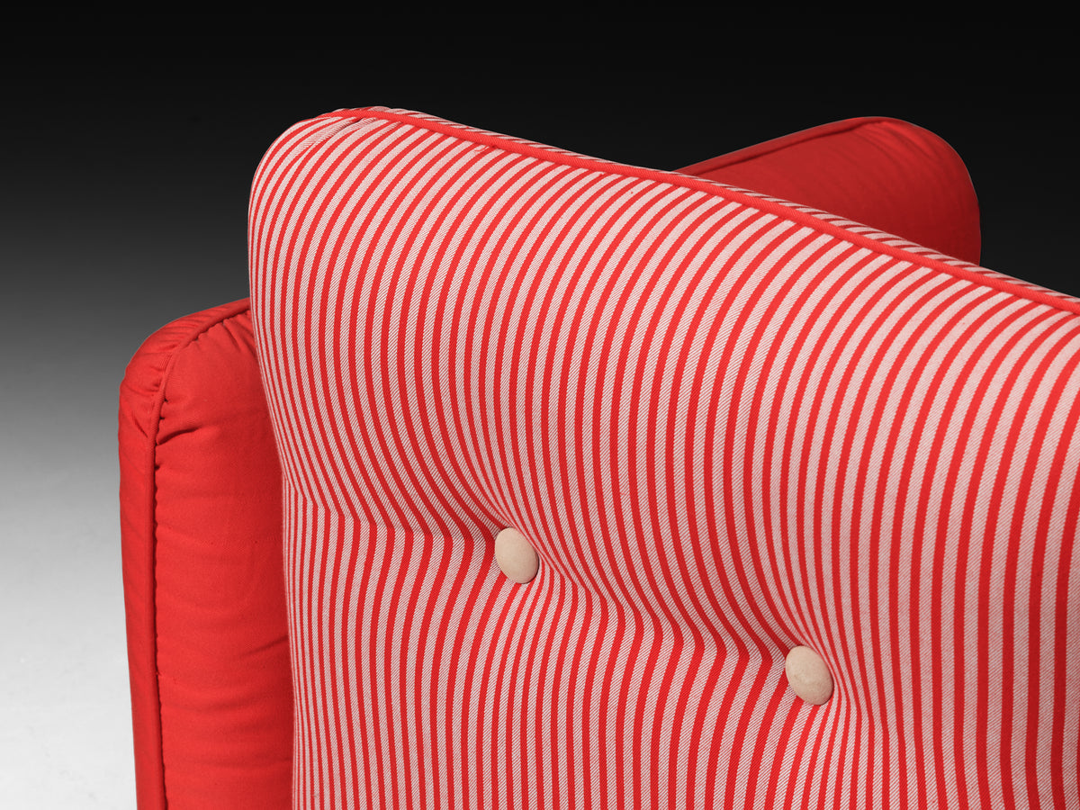 Postmodern Pair of Lounge Chairs in Red Striped and Red Fabric Seating Morentz