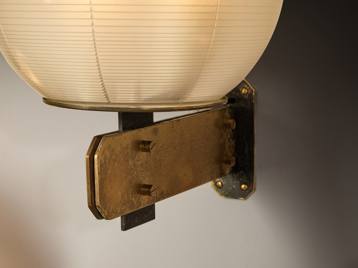 Exceptional Ignazio Gardella for Greco Illuminazione 'Feltre' Set of Eight Wall Lights in Brass Steel and Glass