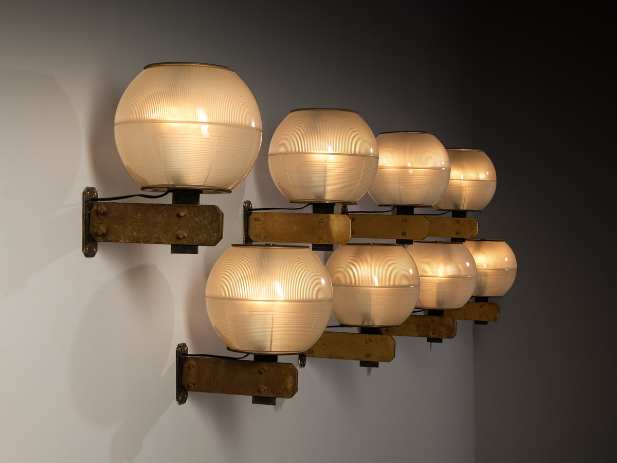 Exceptional Ignazio Gardella for Greco Illuminazione 'Feltre' Set of Eight Wall Lights in Brass Steel and Glass