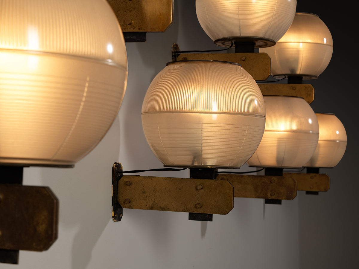 Exceptional Ignazio Gardella for Greco Illuminazione 'Feltre' Set of Eight Wall Lights in Brass Steel and Glass