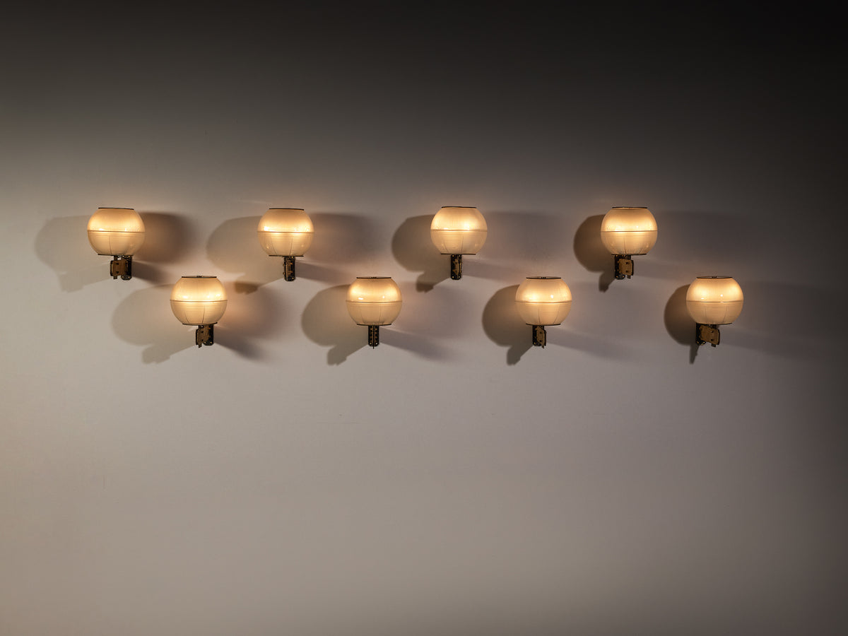 Exceptional Ignazio Gardella for Greco Illuminazione 'Feltre' Set of Eight Wall Lights in Brass Steel and Glass