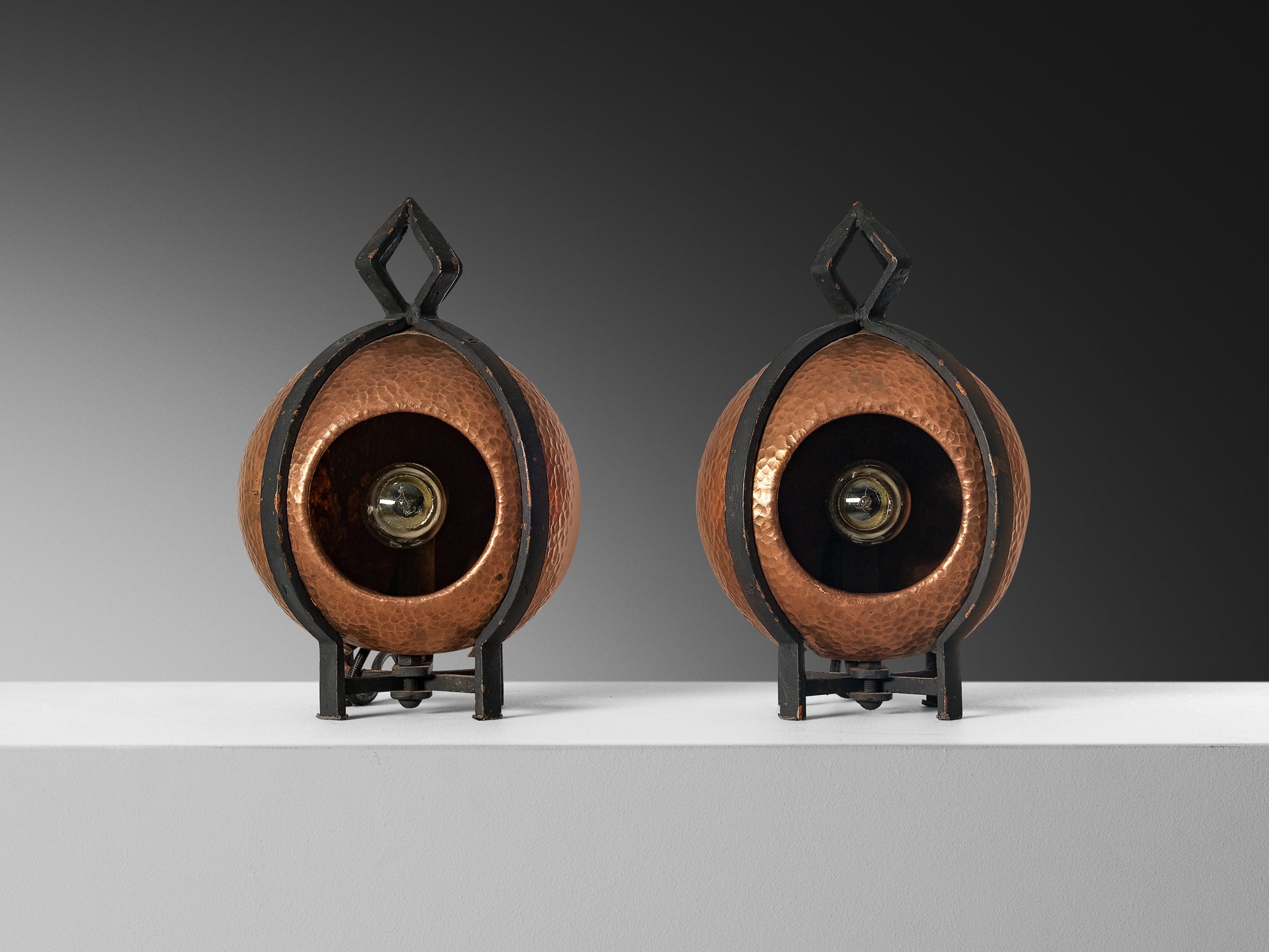 Pair of Mid-Century Table Lamps in Hammered Copper 1950s Lighting Morentz