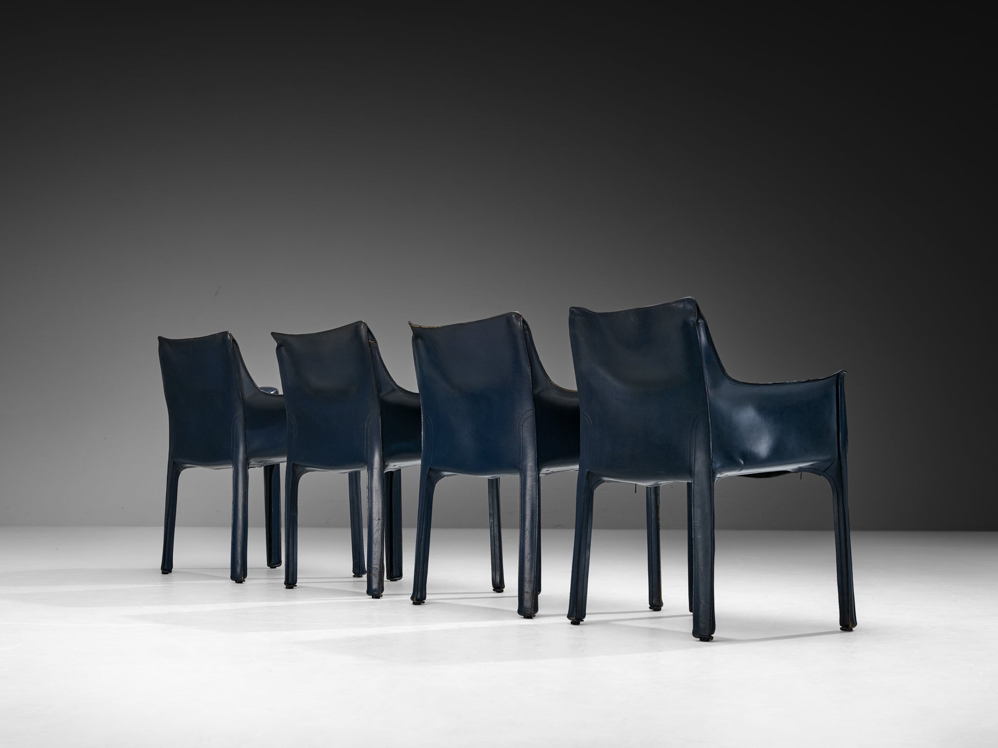 Mario Bellini Set of Four 'CAB 413' Dining Chairs in Unusual Dark Blue Leather Seating Morentz