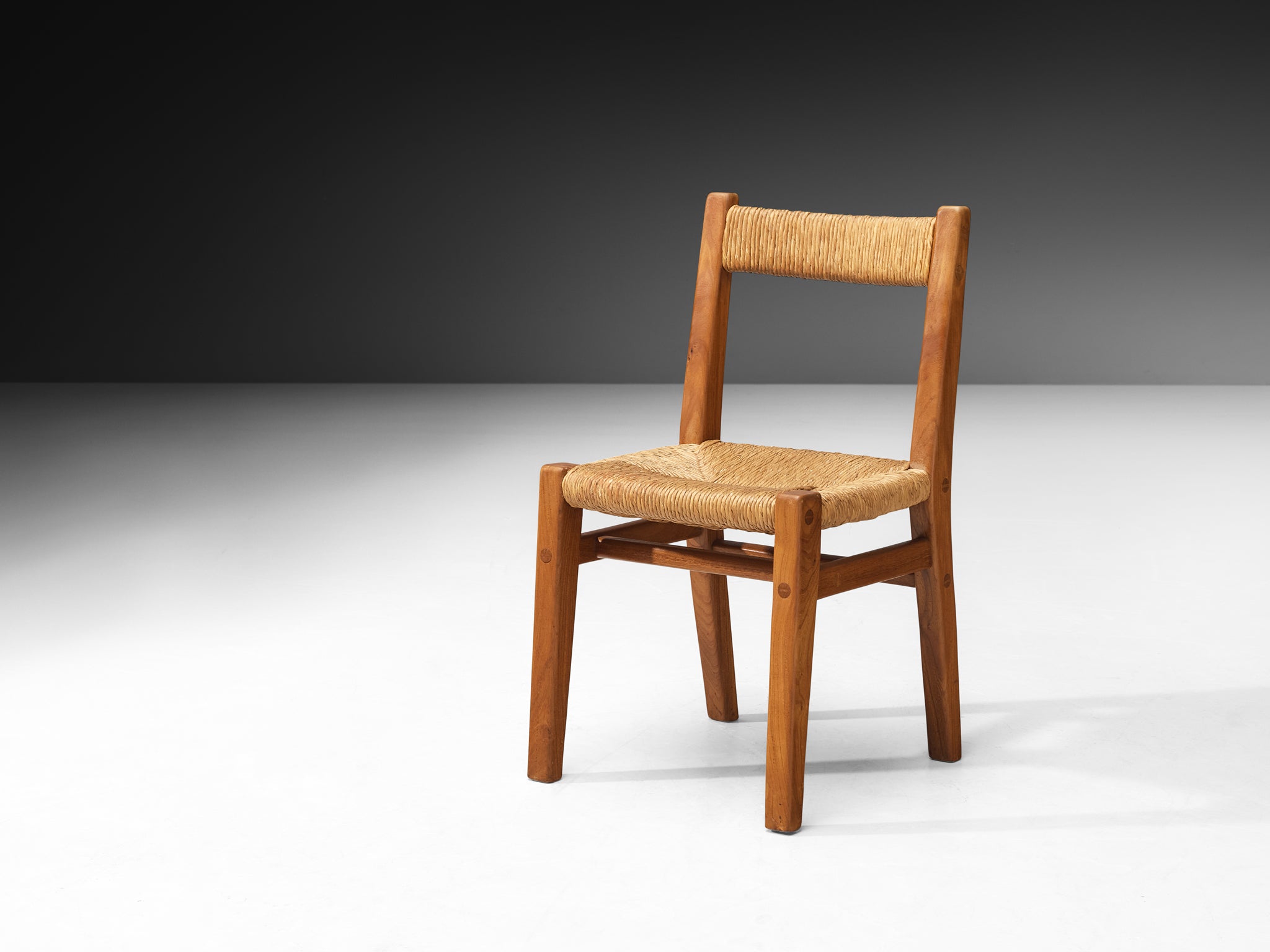 Set of Six 1950s French Rustic Dining Chairs in Solid Elm, Rush by Cabinetmaker Seating Morentz