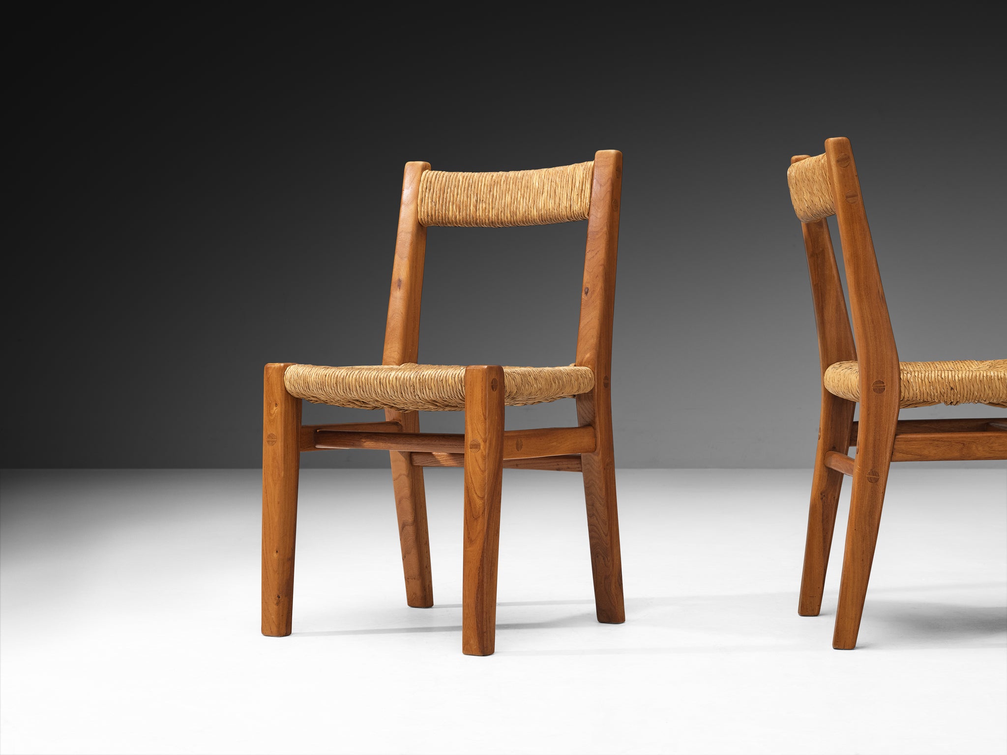 Set of Six 1950s French Rustic Dining Chairs in Solid Elm, Rush by Cabinetmaker Seating Morentz
