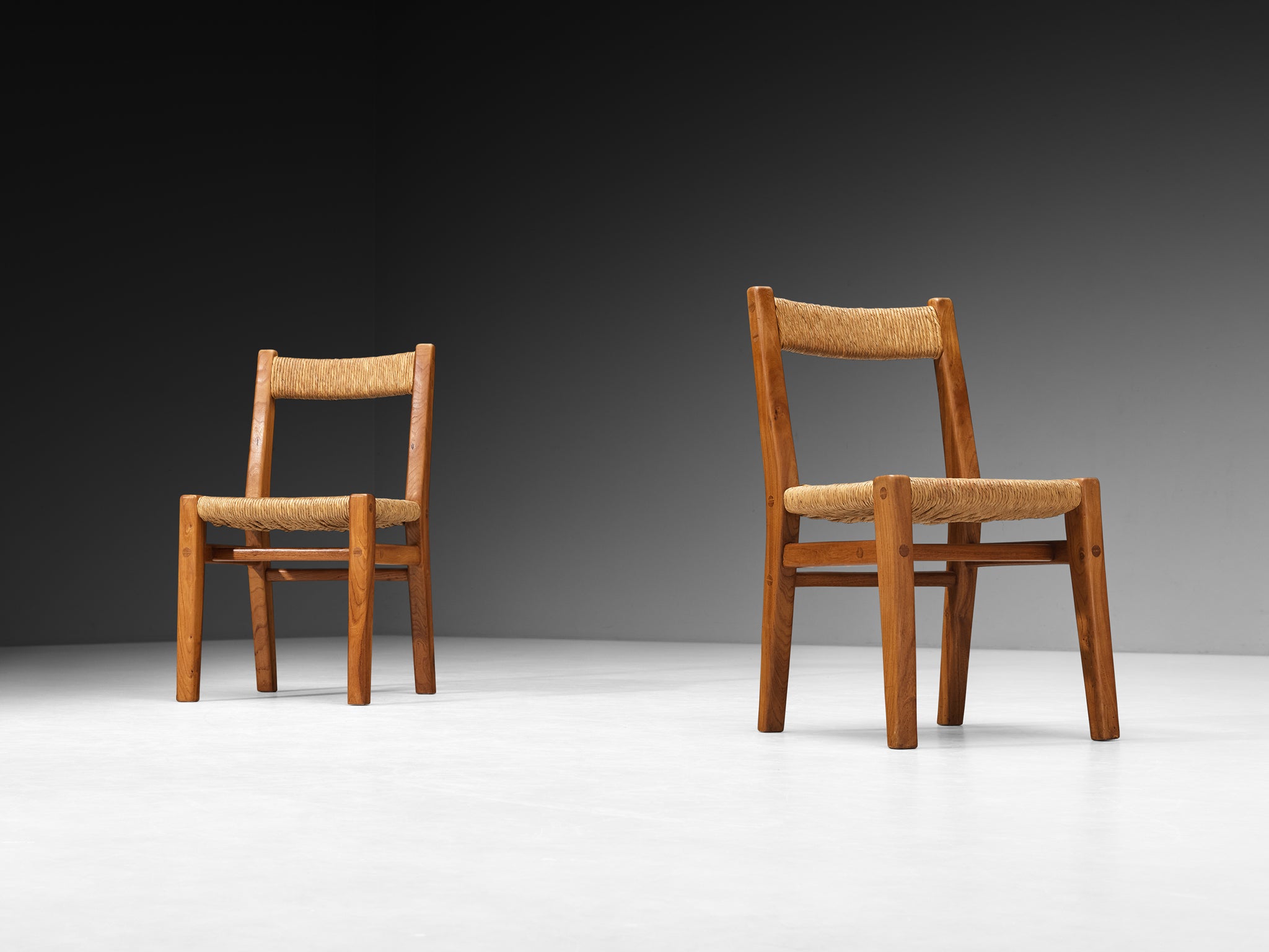 Set of Six 1950s French Rustic Dining Chairs in Solid Elm, Rush by Cabinetmaker Seating Morentz