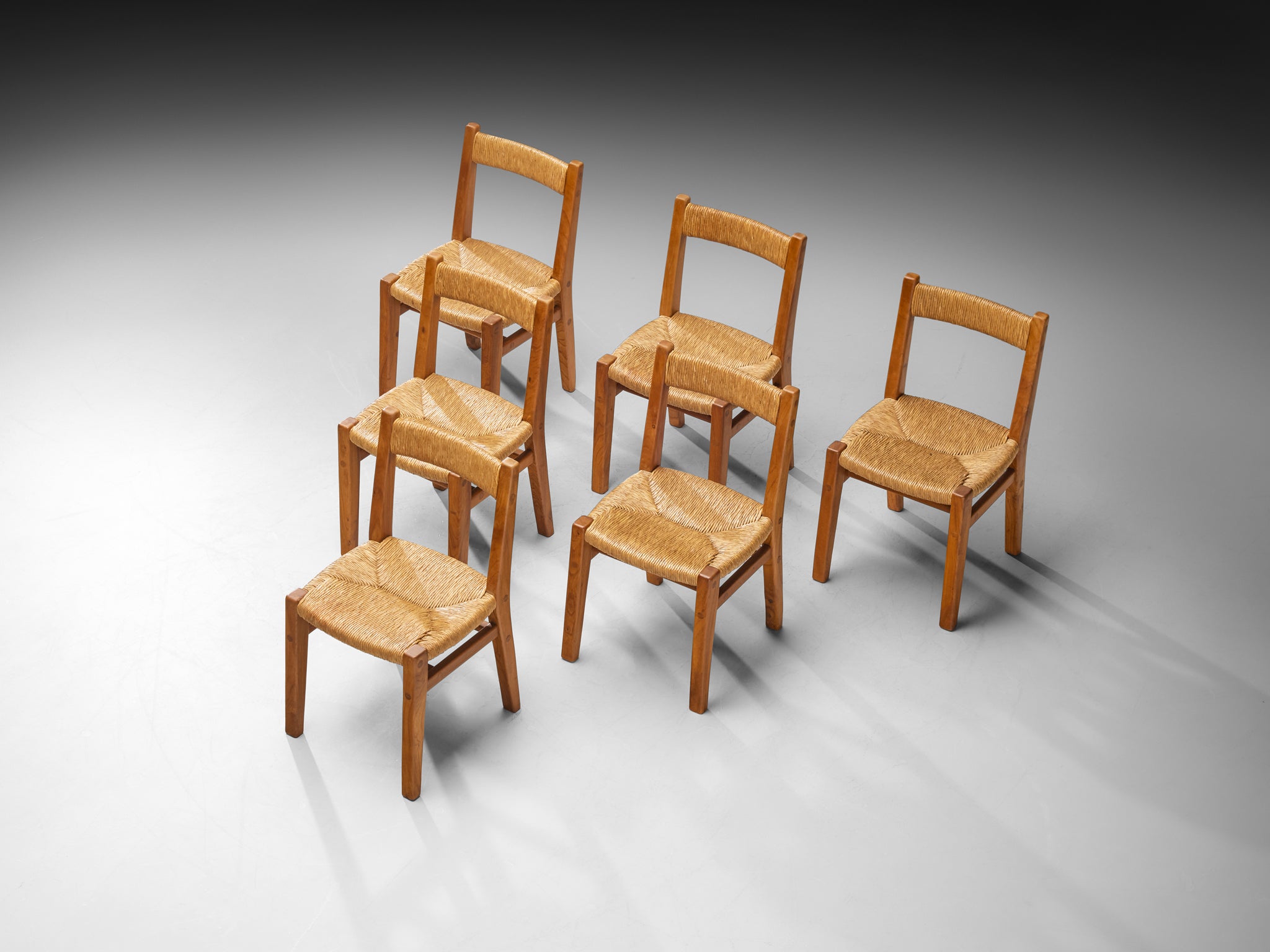 Set of Six 1950s French Rustic Dining Chairs in Solid Elm, Rush by Cabinetmaker Seating Morentz