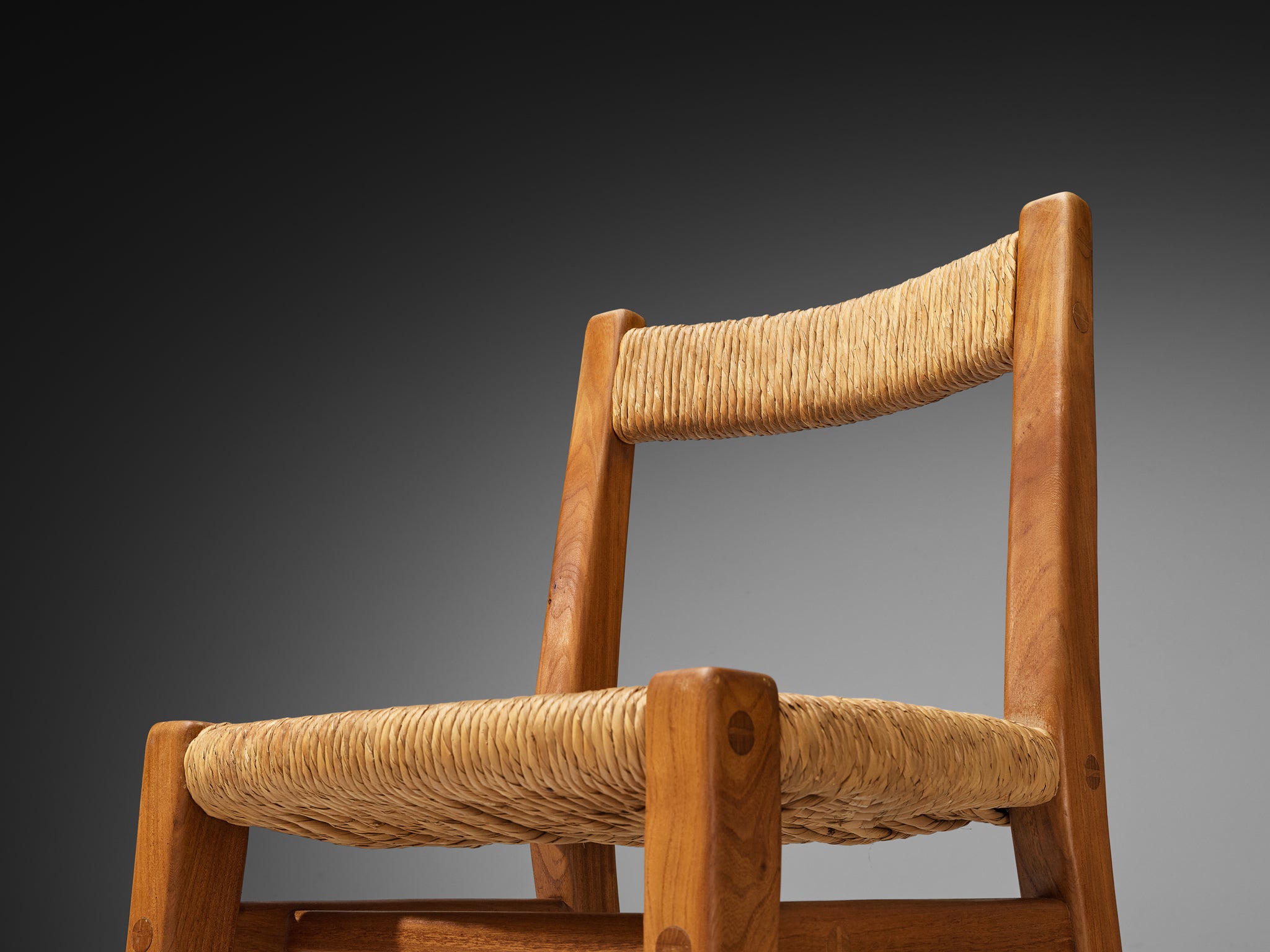 Set of Six 1950s French Rustic Dining Chairs in Solid Elm, Rush by Cabinetmaker Seating Morentz