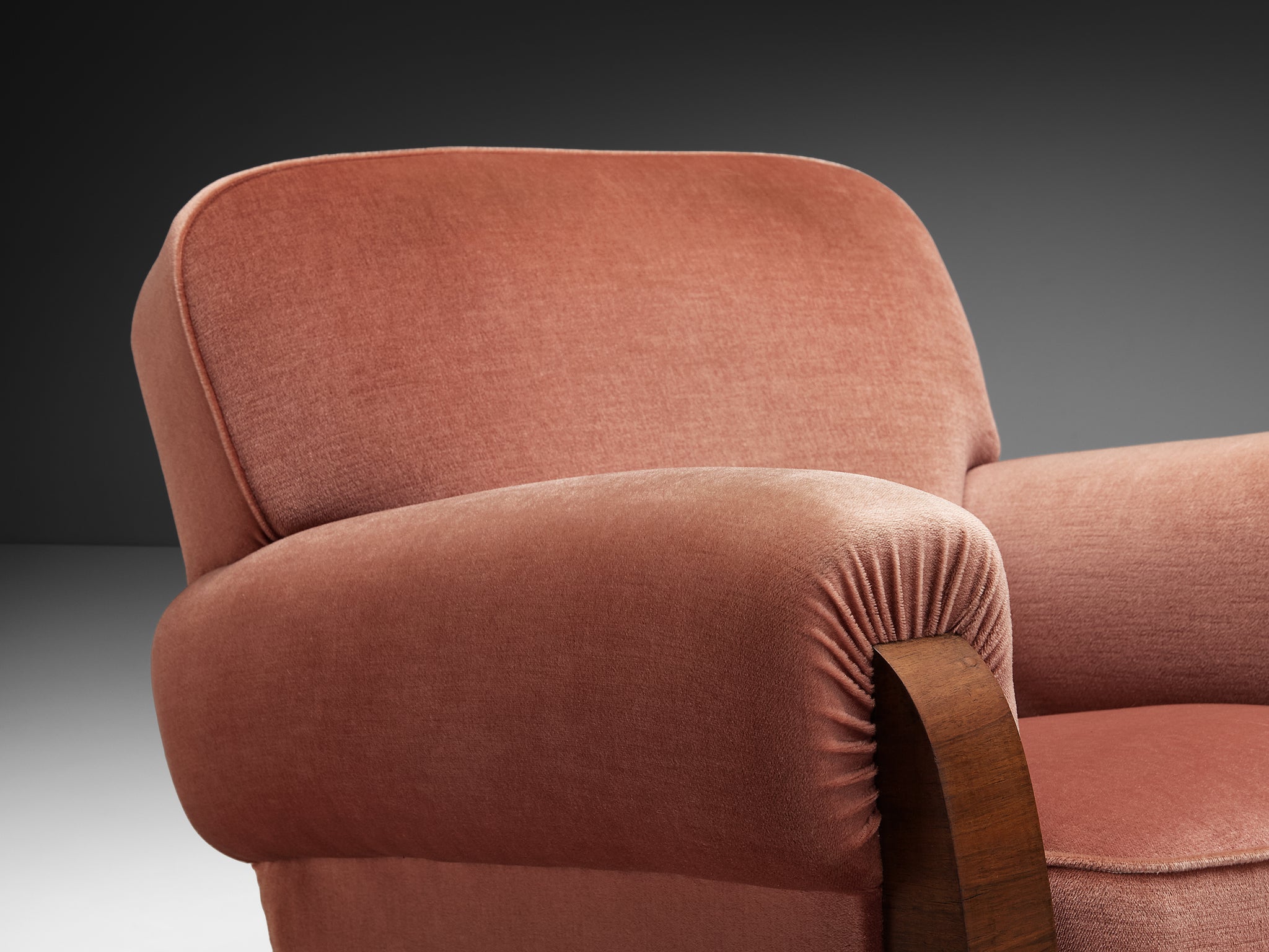 Pair of Art Deco Lounge Chairs in Dusty Rose Velvet and Walnut Wood