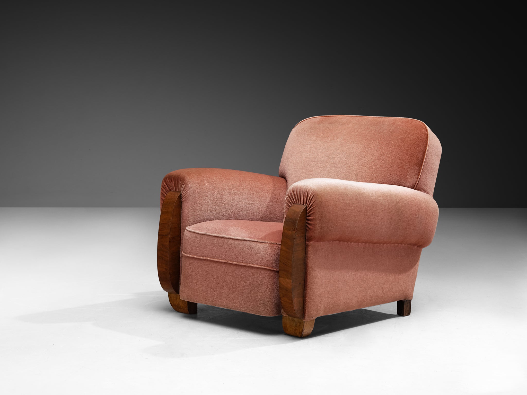 Pair of Art Deco Lounge Chairs in Dusty Rose Velvet and Walnut Wood