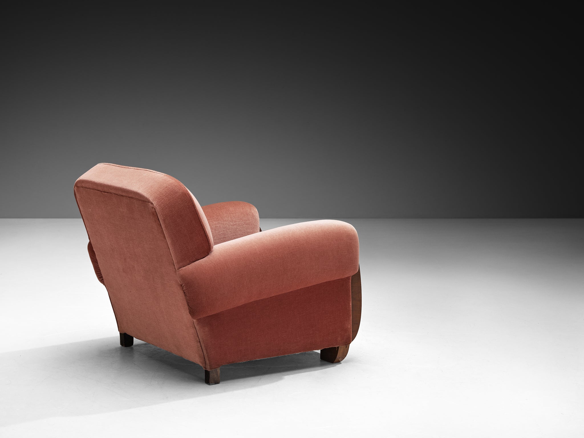 Pair of Art Deco Lounge Chairs in Dusty Rose Velvet and Walnut Wood