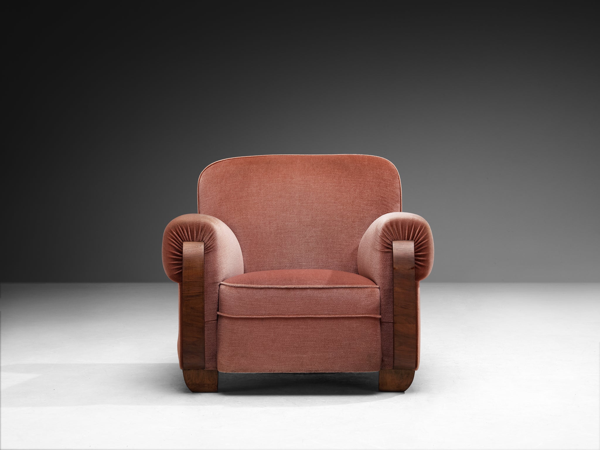 Pair of Art Deco Lounge Chairs in Dusty Rose Velvet and Walnut Wood
