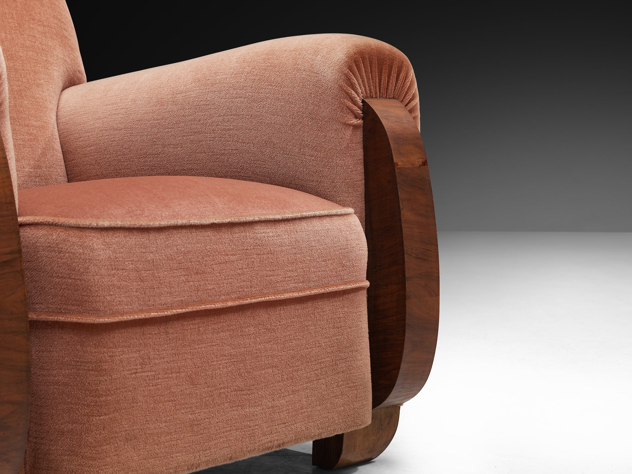 Pair of Art Deco Lounge Chairs in Dusty Rose Velvet and Walnut Wood