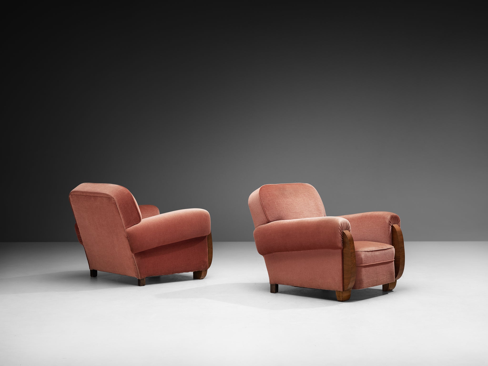 Pair of Art Deco Lounge Chairs in Dusty Rose Velvet and Walnut Wood