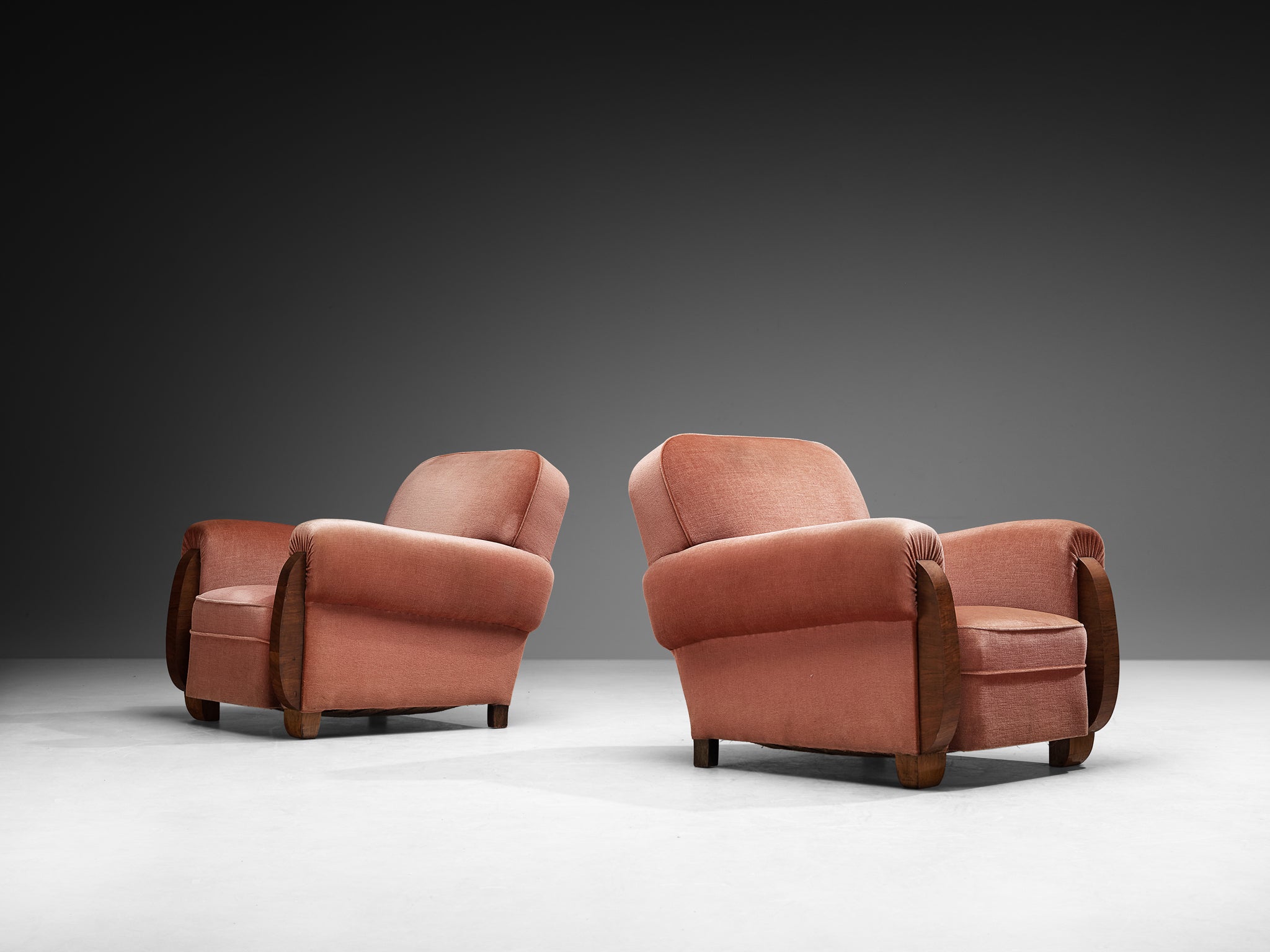 Pair of Art Deco Lounge Chairs in Dusty Rose Velvet and Walnut Wood