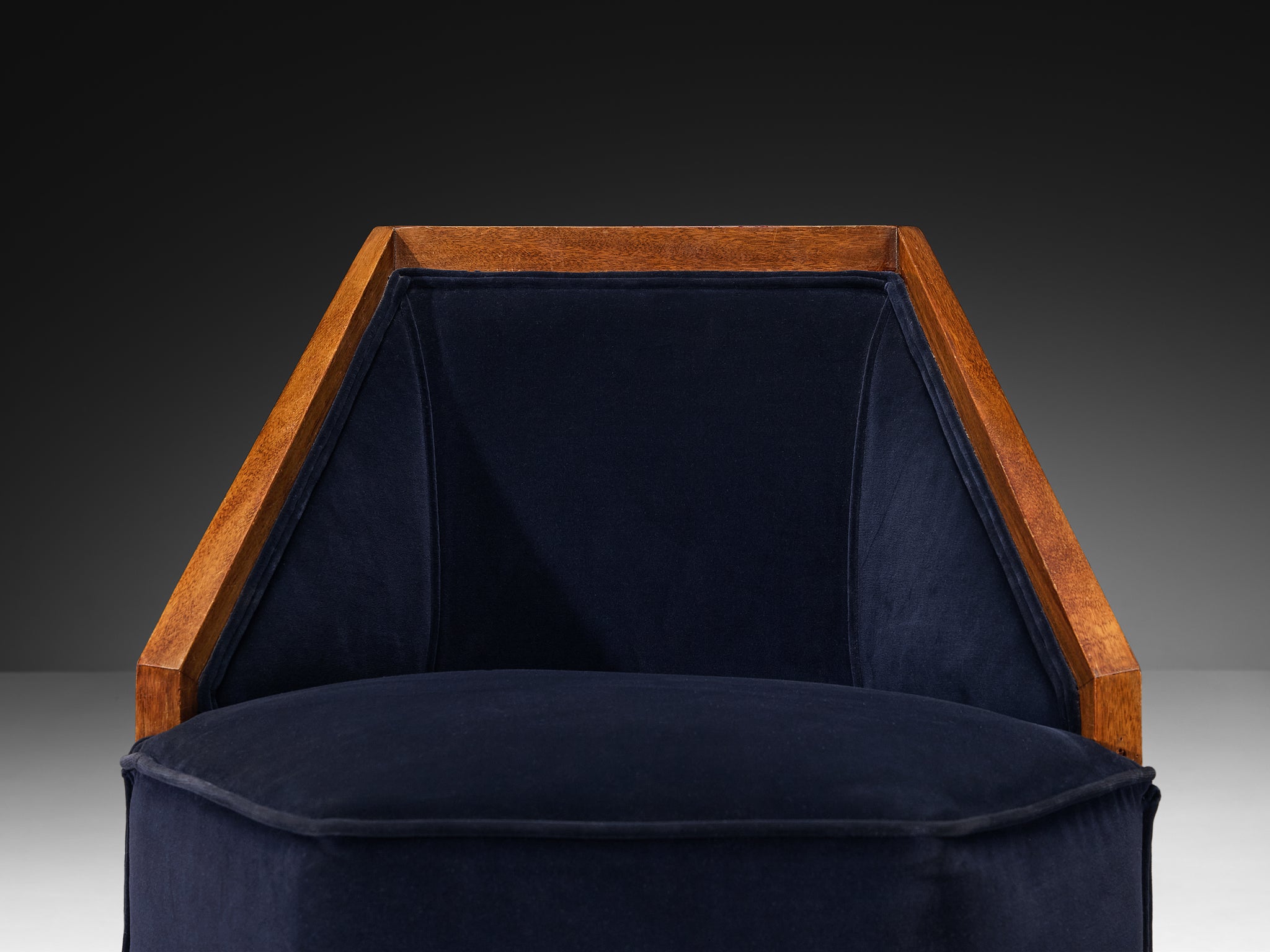 Exceptional Pair of French Art Deco Lounge Chairs in Mahogany and Dark Blue Velvet Seating Morentz
