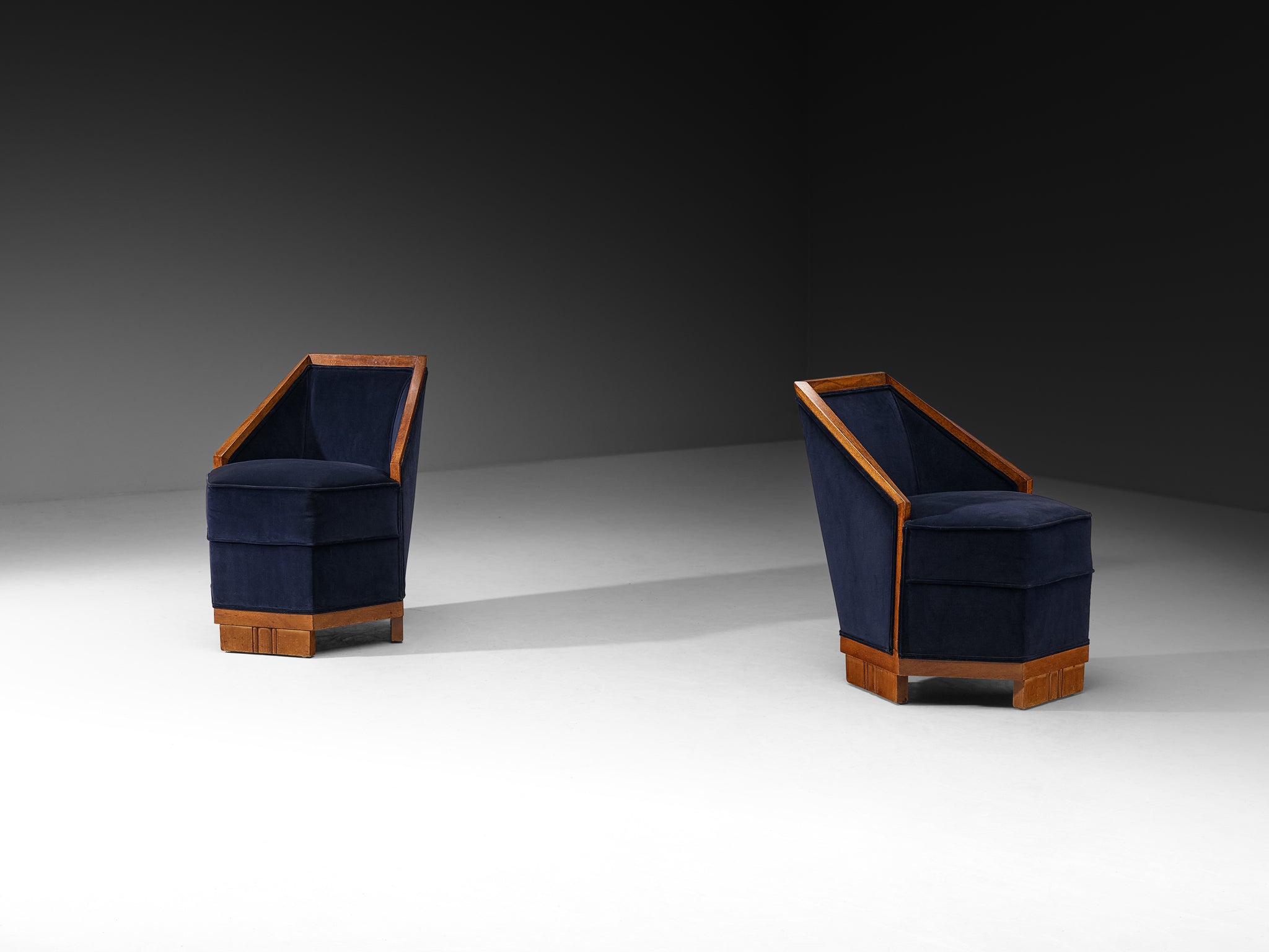 Exceptional Pair of French Art Deco Lounge Chairs in Mahogany and Dark Blue Velvet Seating Morentz