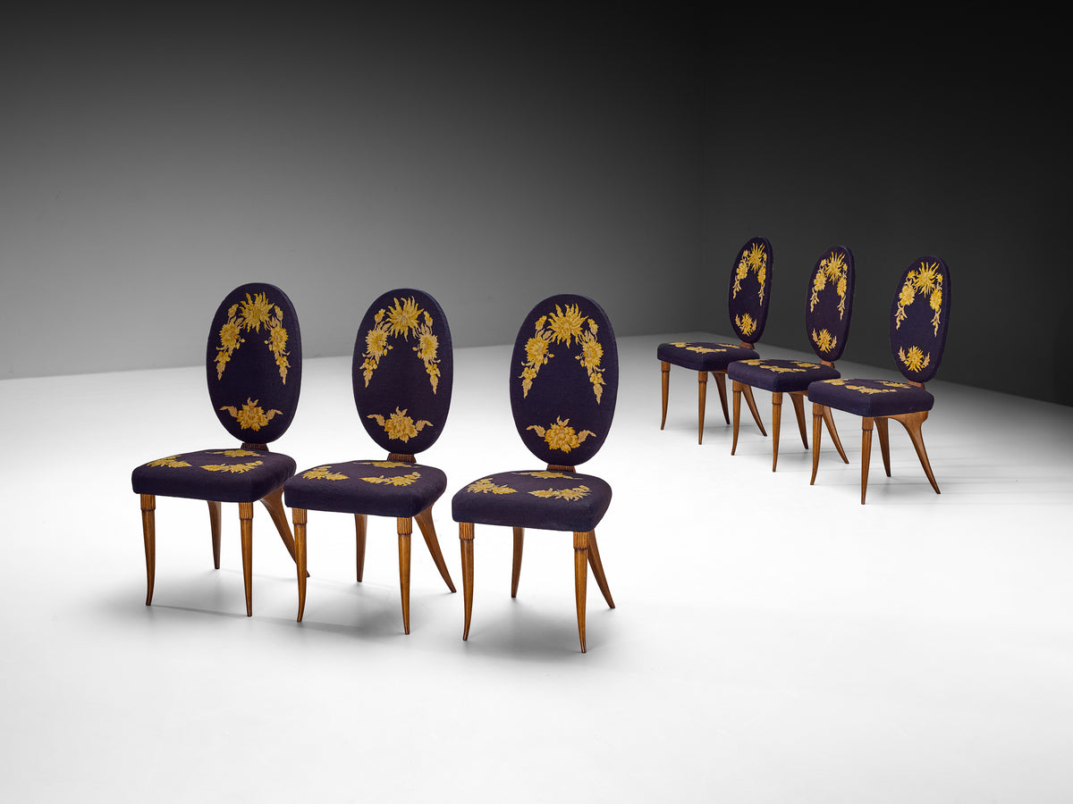 Italian Colli Arredamenti Set of Six Dining Chairs in Walnut, Original Fabric Seating Morentz