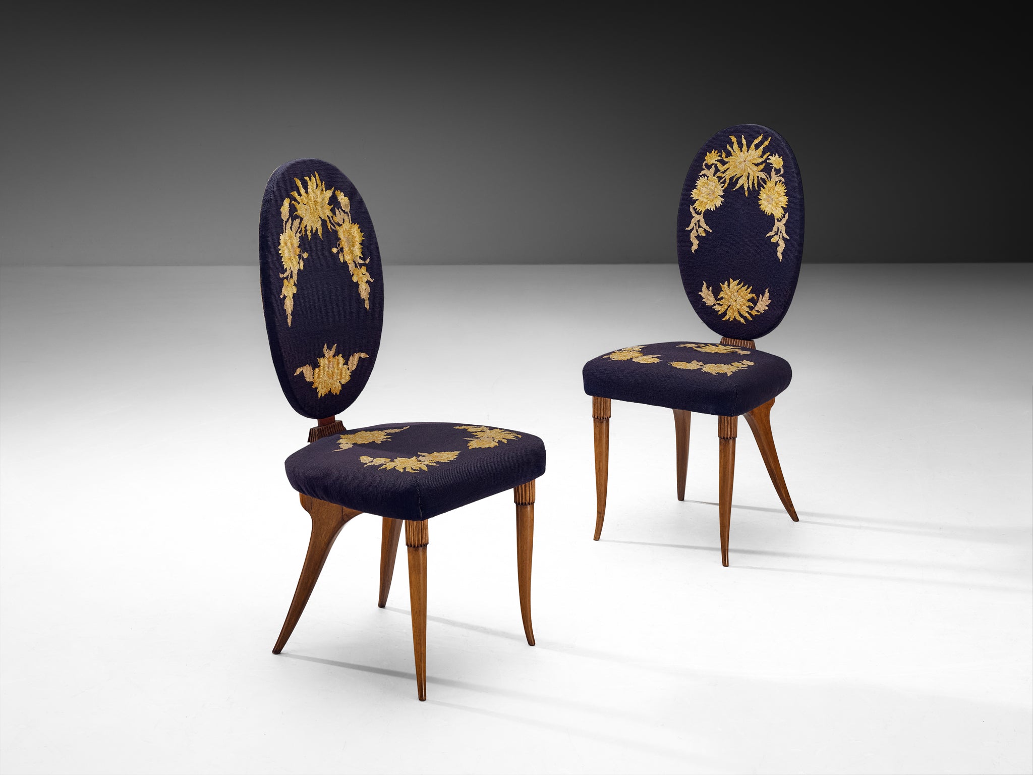 Italian Colli Arredamenti Set of Six Dining Chairs in Walnut, Original Fabric Seating Morentz